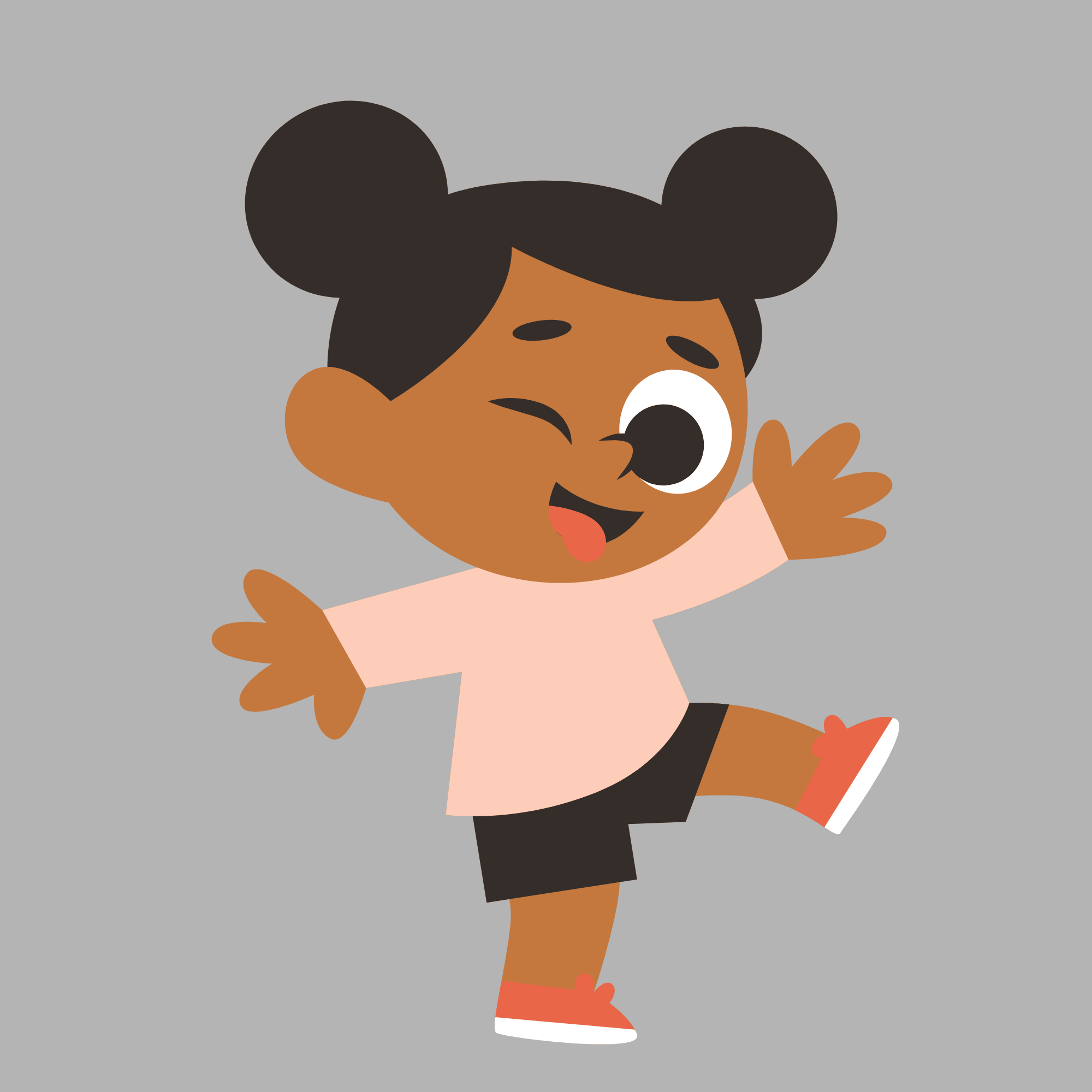 A cartoon girl with dark hair styled in two buns, smiling, winking, and showing a peace sign with her thumb and index finger, wearing a pink top, black shorts, and orange shoes, against a gray background.