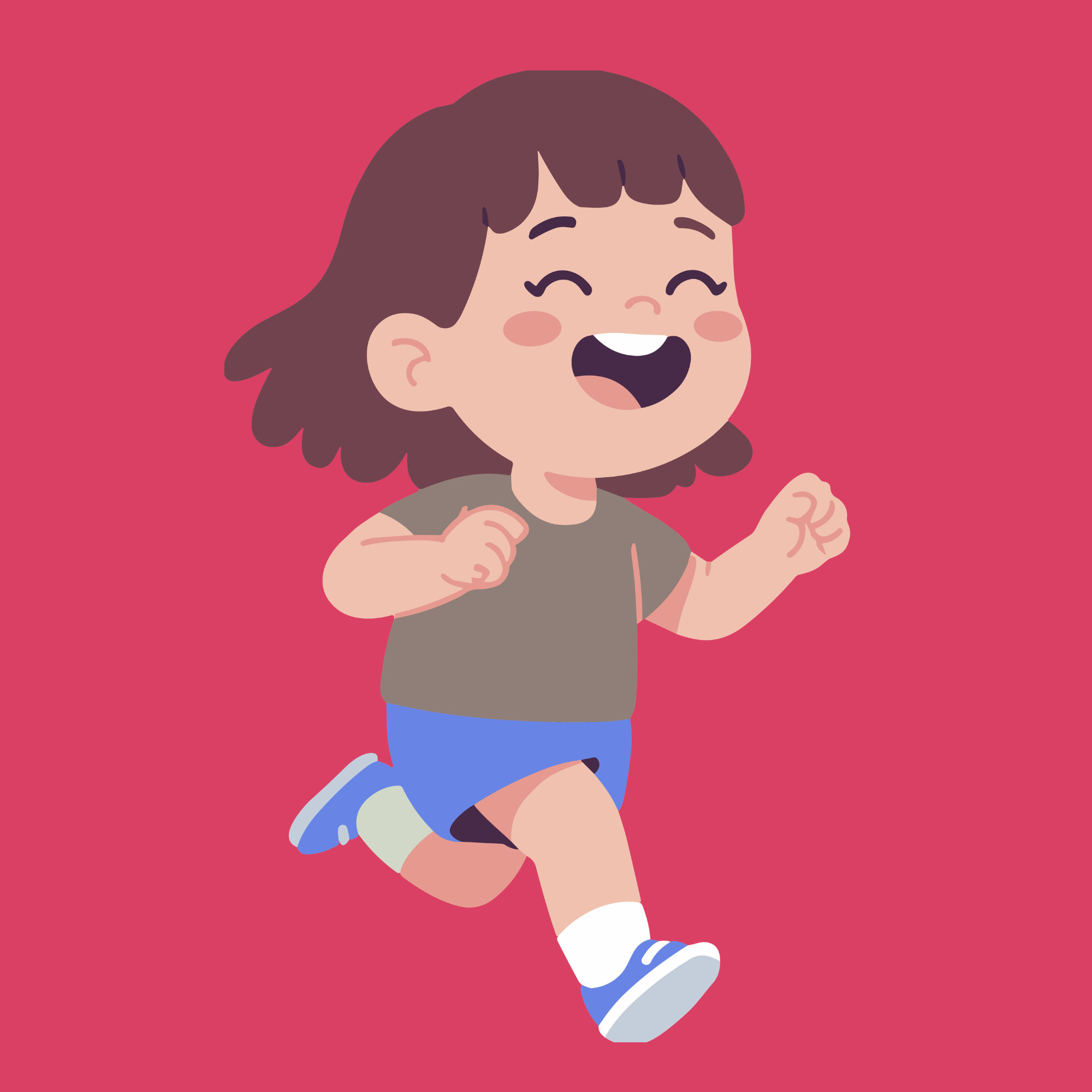 Cartoon girl with brown hair in a ponytail running on a pink background, wearing a brown shirt, blue shorts, and white sneakers.