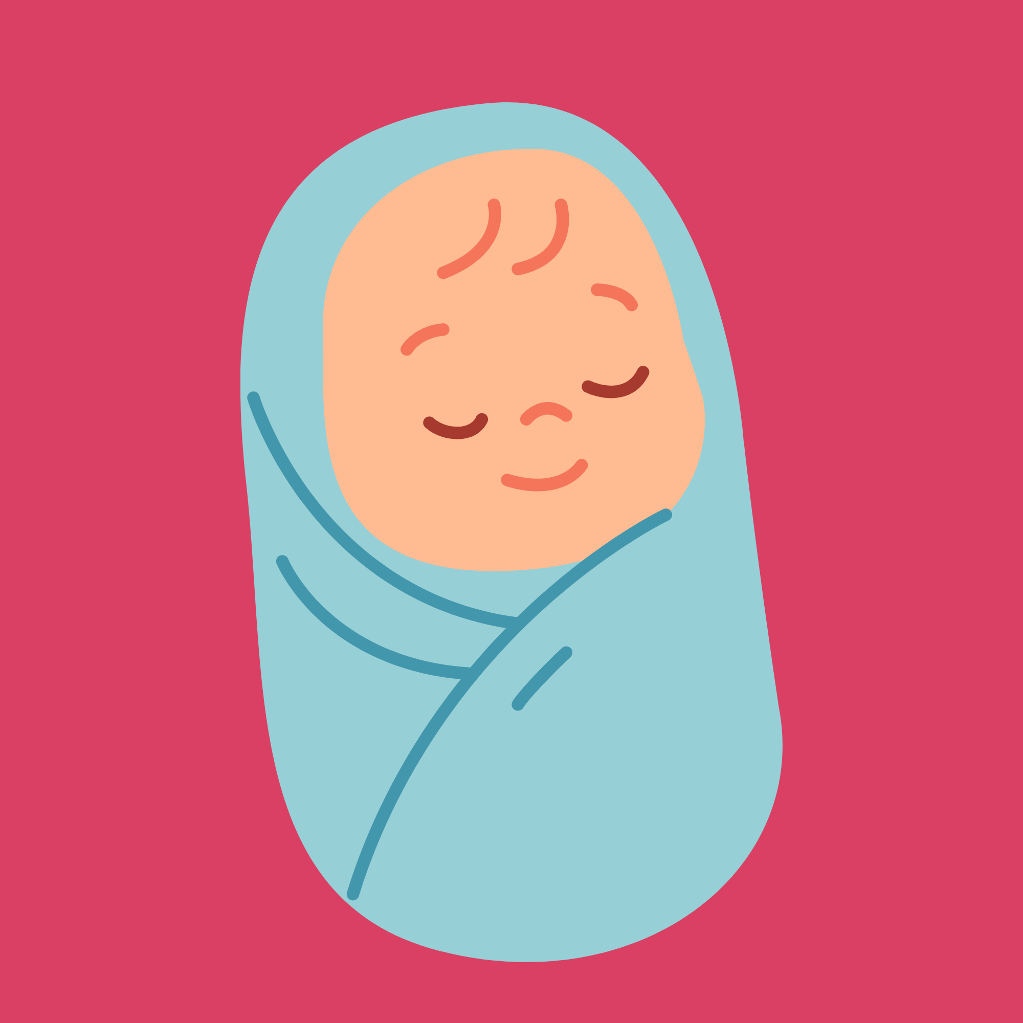 Digital illustration of a baby's face with closed eyes, wrapped in a light blue blanket, with a pink background.
