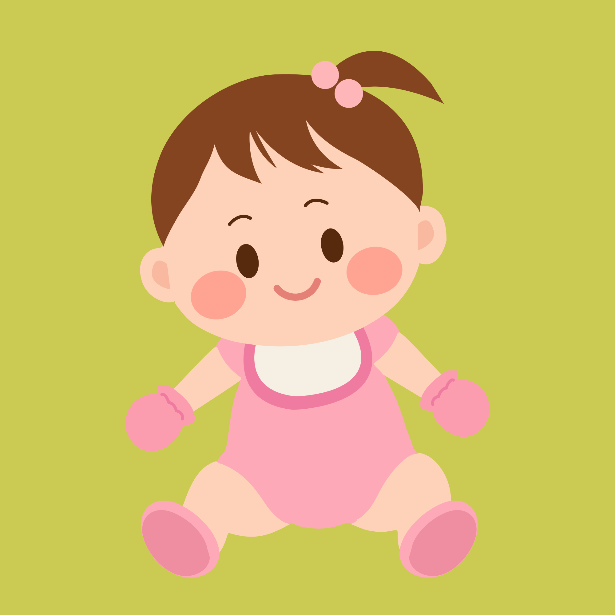Cartoon illustration of a smiling baby boy with brown hair, pink cheeks, wearing a pink outfit with a diaper, surrounded by pink balls, with a green background.