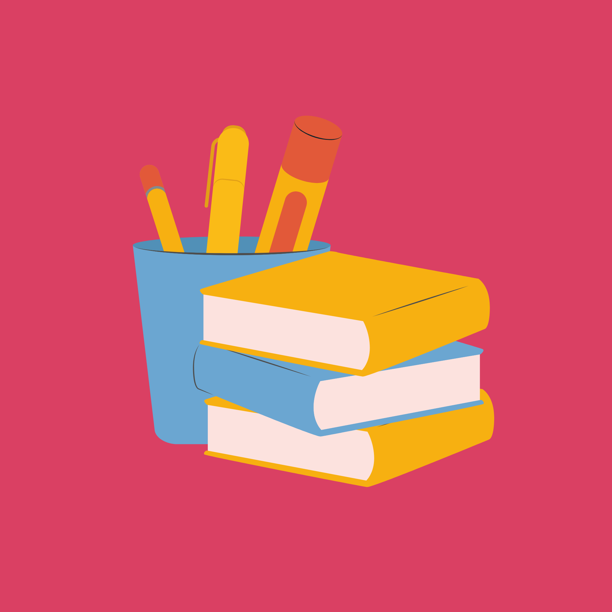 A minimalist illustration of a blue cup filled with colorful markers, set against a pink background.