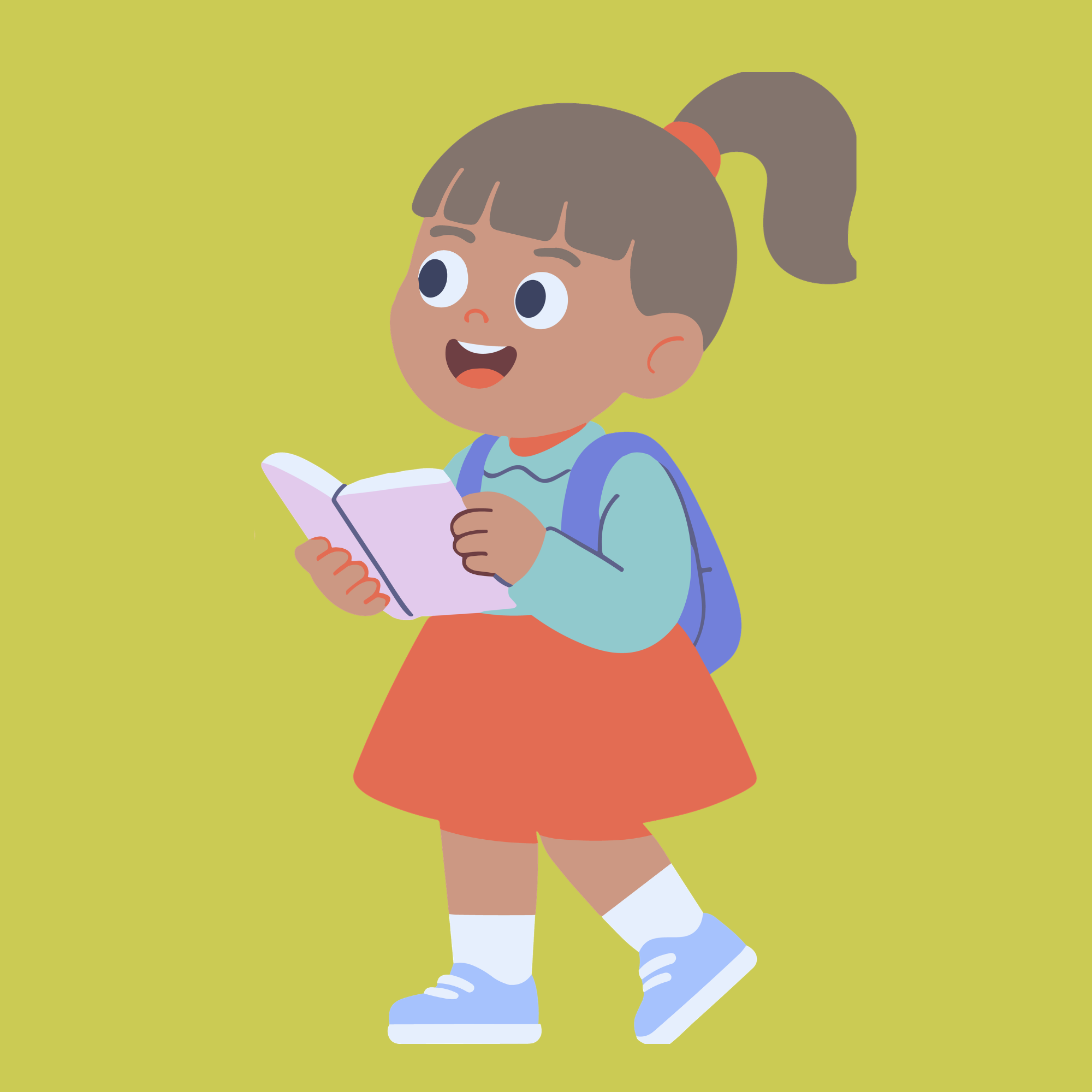 A cartoon girl with brown hair in a ponytail, wearing a light blue shirt, red skirt, blue backpack, white socks with blue stripes, and white sneakers, smiling and holding a pink book.