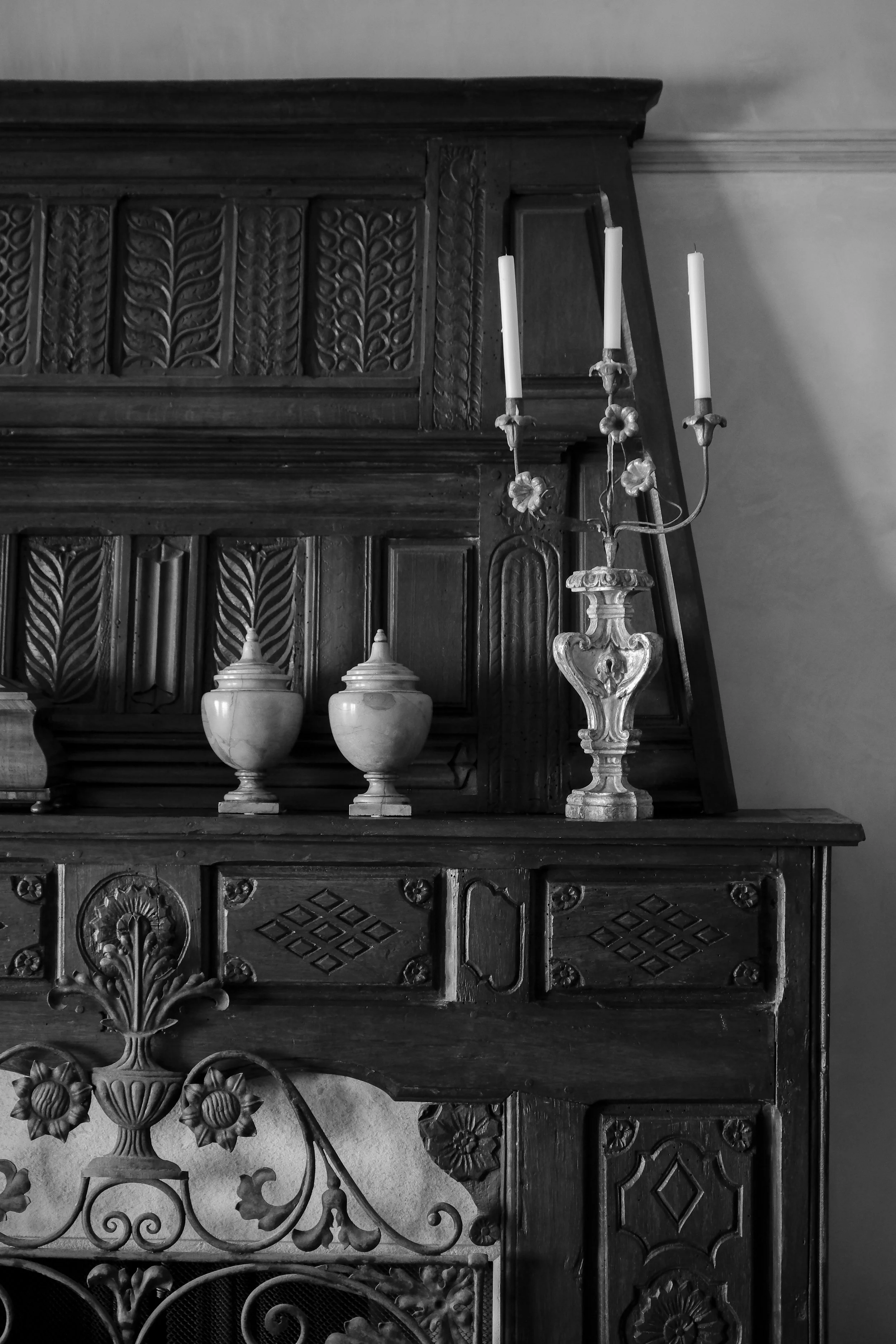 A black-and-white antique sideboard at Lee Stanton Laguna Beach home