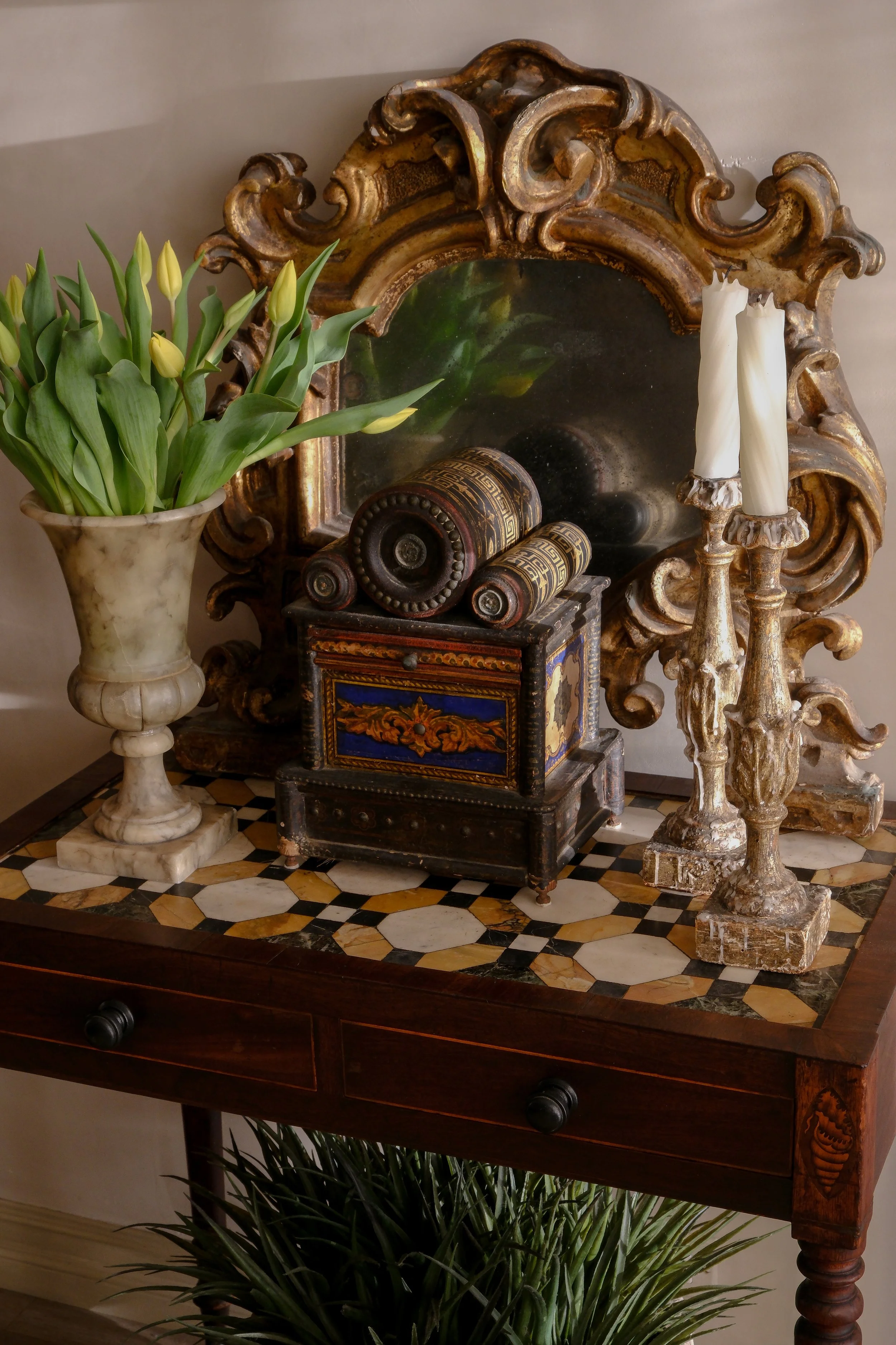 A display of antique decor at Lee Stanton Laguna Beach home