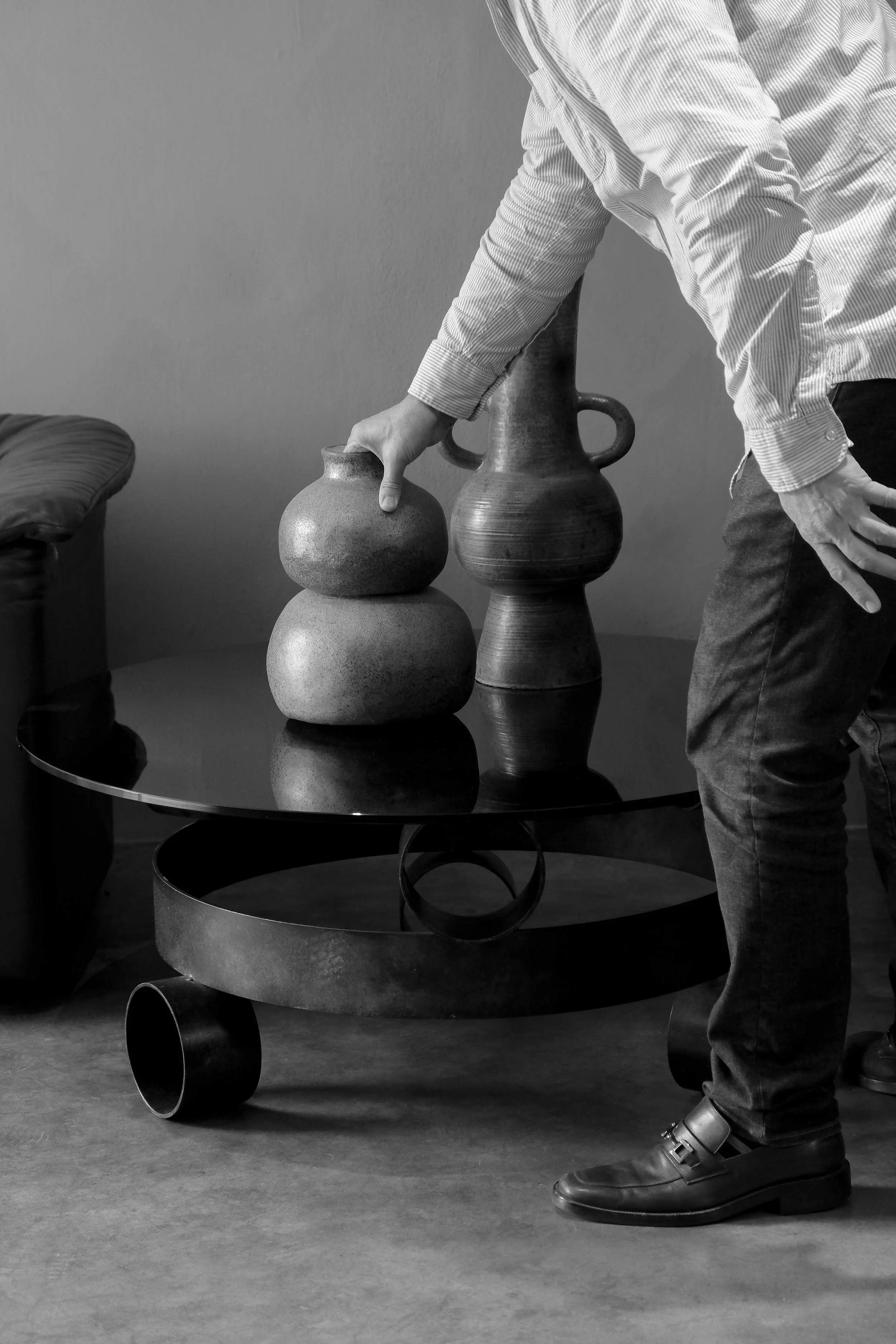 Antique furniture setup at Lee Stanton Los Angeles warehouse