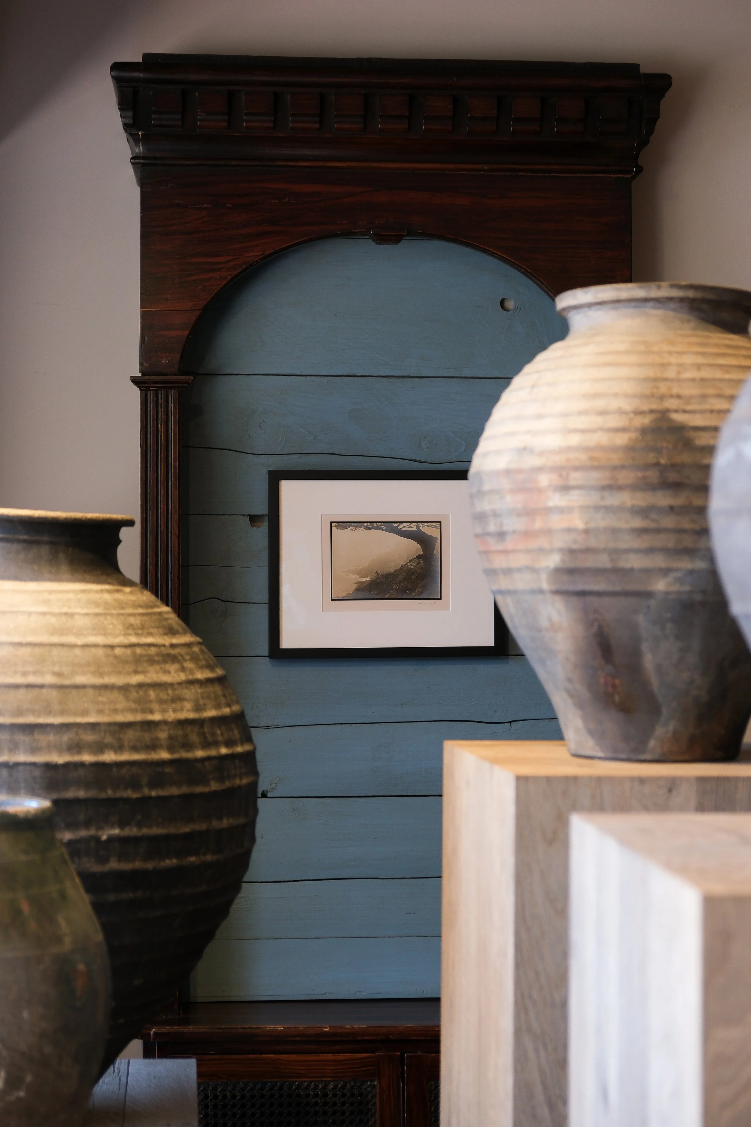 Display of antique objects at Lee Stanton Montecito showroom