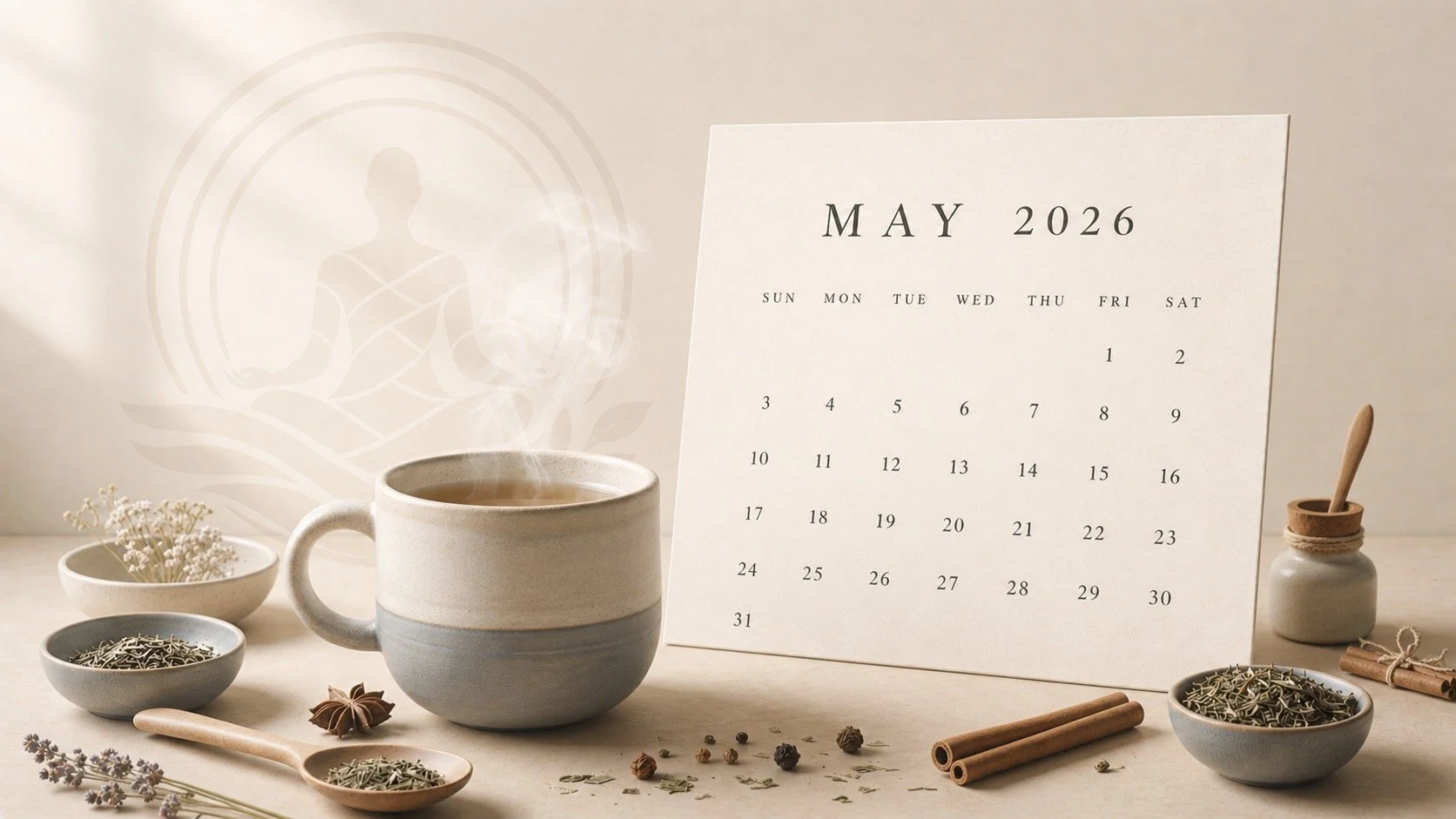 A cozy scene with a steaming cup of tea, a calendar open to May 2026, ready to book a body talk session small bowls of dried flowers, cinnamon sticks, and a small jar with a spoon, on a light-colored surface with a soft, neutral background.