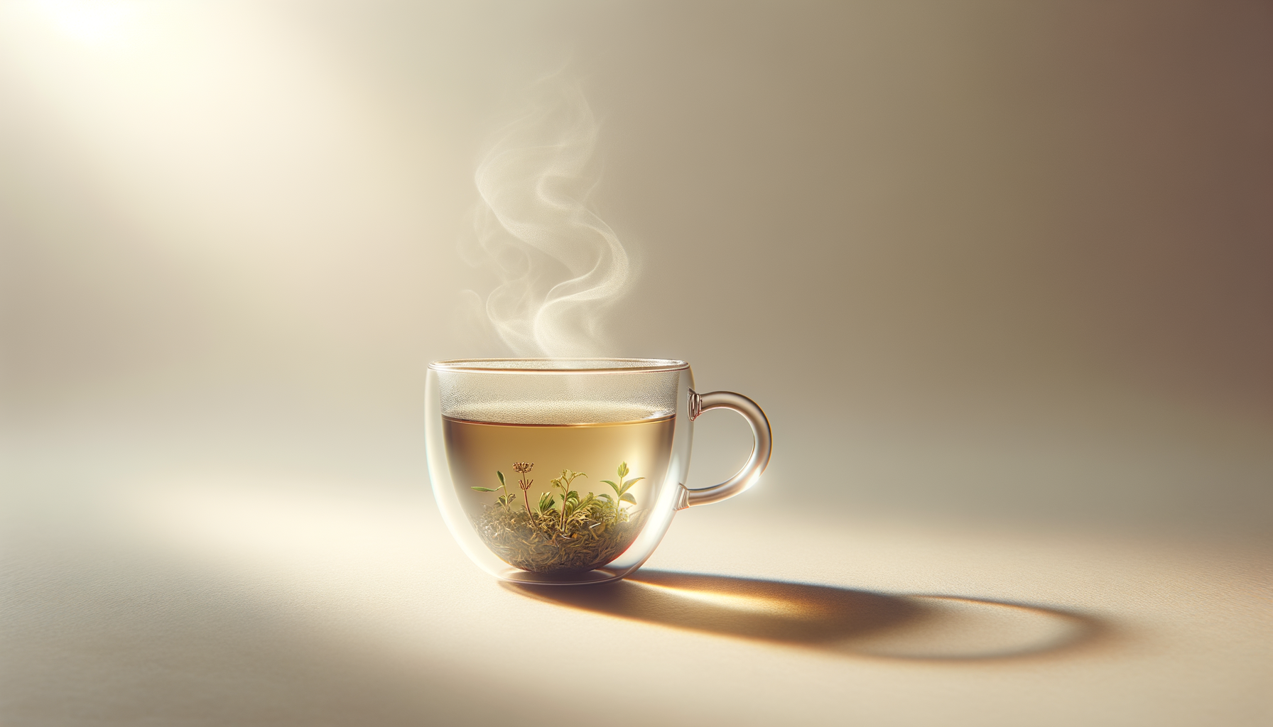 A transparent glass mug with steam rising from hot herbal tea. Inside the tea, there are small green plants or herbs growing, with some soil visible at the bottom.
