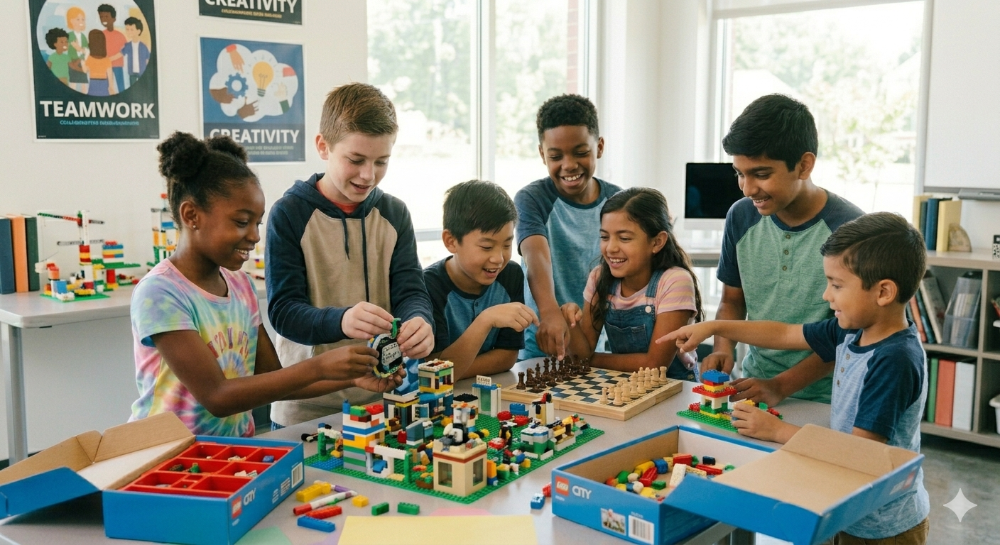 Group of children playing with LEGO building blocks, including a LEGO chess set, in a classroom.
