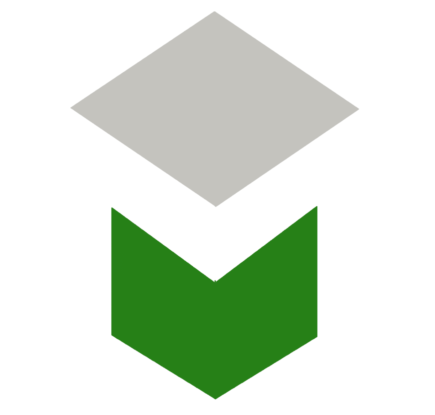 A 3D geometric diagram with a gray upper section, a black middle section, and a green lower section, resembling a stylized arrow pointing downward.