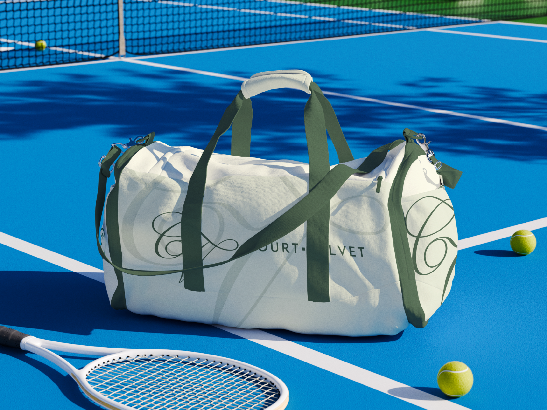 A tennis bag on a blue tennis court, with tennis racket and balls nearby.