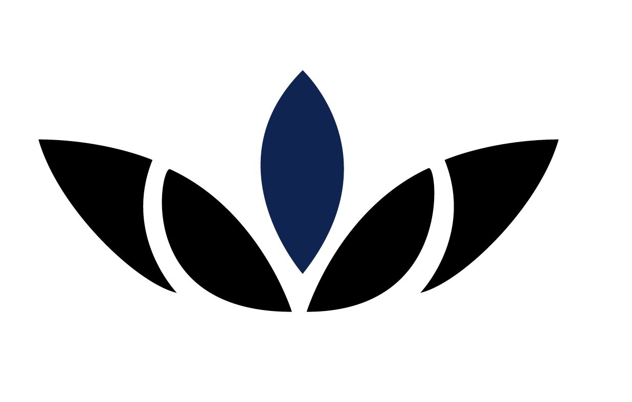 Stylized black and navy blue lotus flower icon.