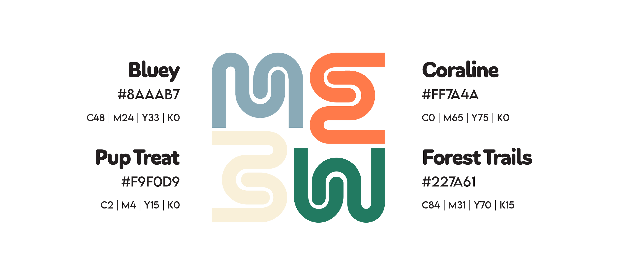 Color palette chart featuring four colors: blue, coral, cream, and forest green, each with their hex codes and design notes.