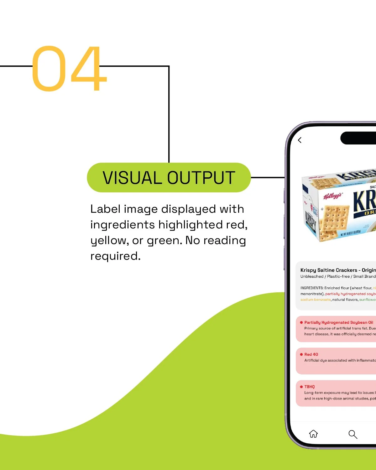 Diagram showing a label with highlighted ingredients in red, yellow, or green for visual output, displayed on a smartphone screen, explaining label reading for products.