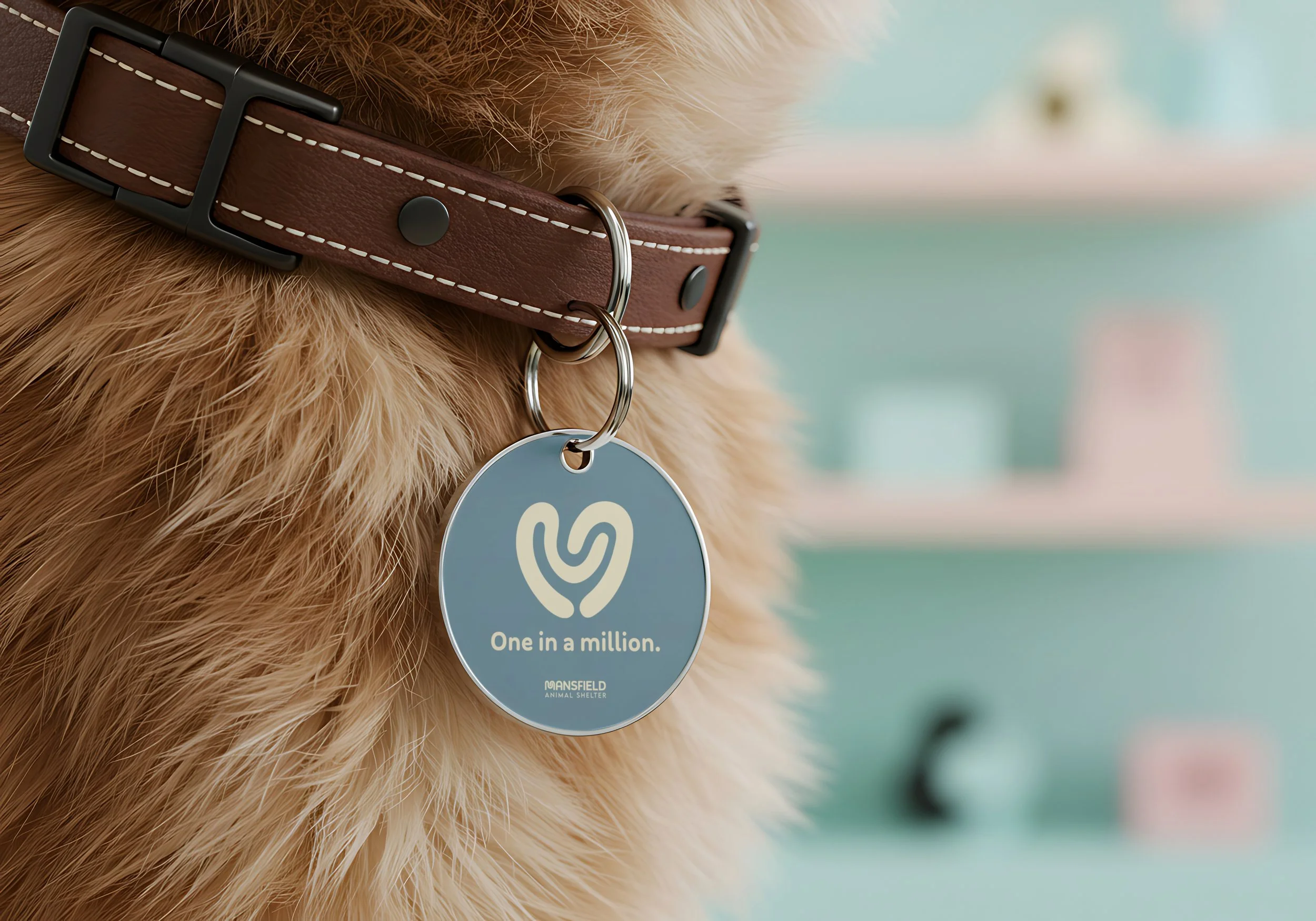 Close-up of a dog wearing a brown leather collar with white stitching and a round metal tag attached. The tag has a logo resembling a heart and the words 'One in a million.' beneath. The dog has golden fur, and the background is blurred with soft pastel colors.