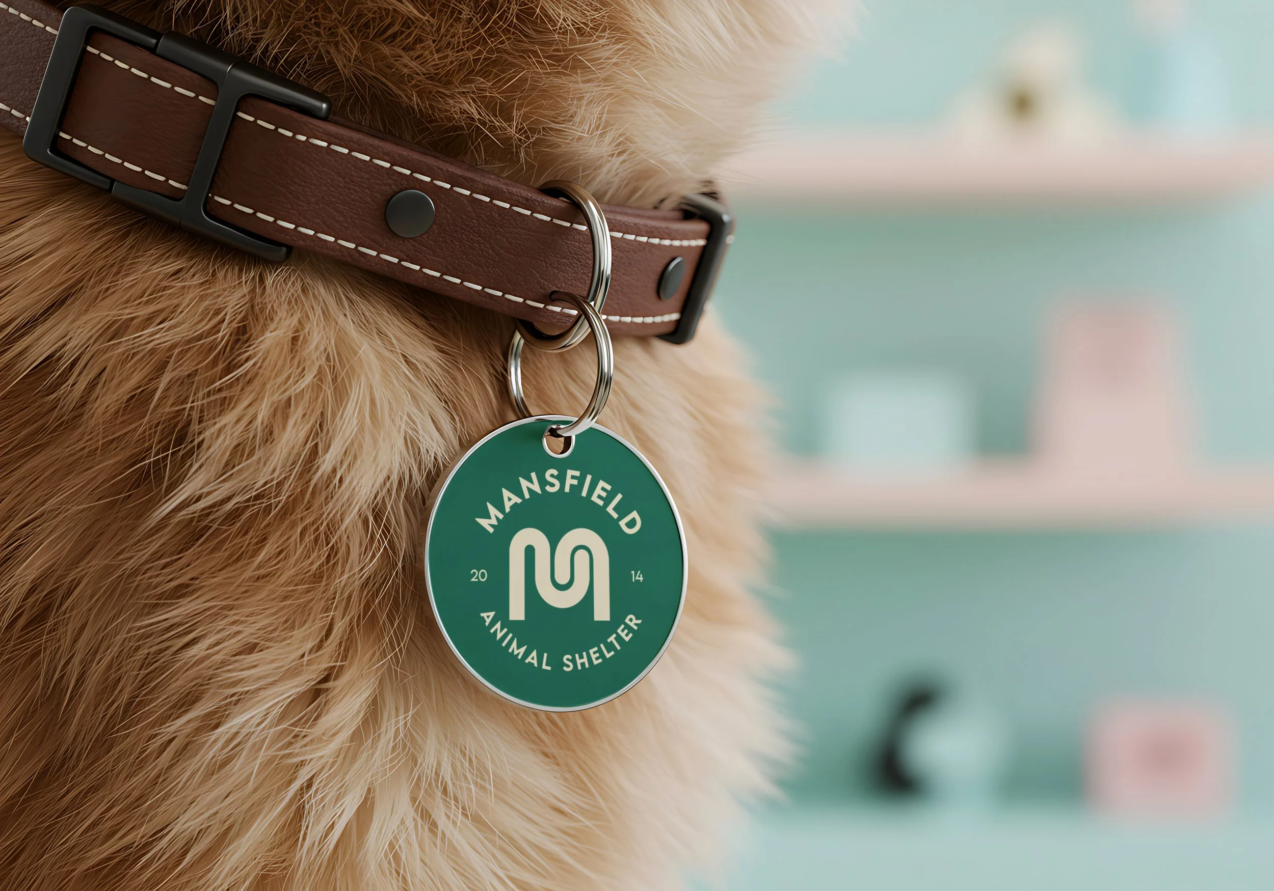 Close-up of a brown leather collar on an animal with tan fur, featuring a green circular tag that reads 'Mansfield Animal Shelter' and a metal ring.