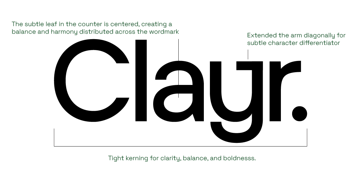 Diagram illustrating design principles with annotations: centered subtle leaf creating balance, extended arm diagonal for character differentiation, tight kerning for clarity and boldness.