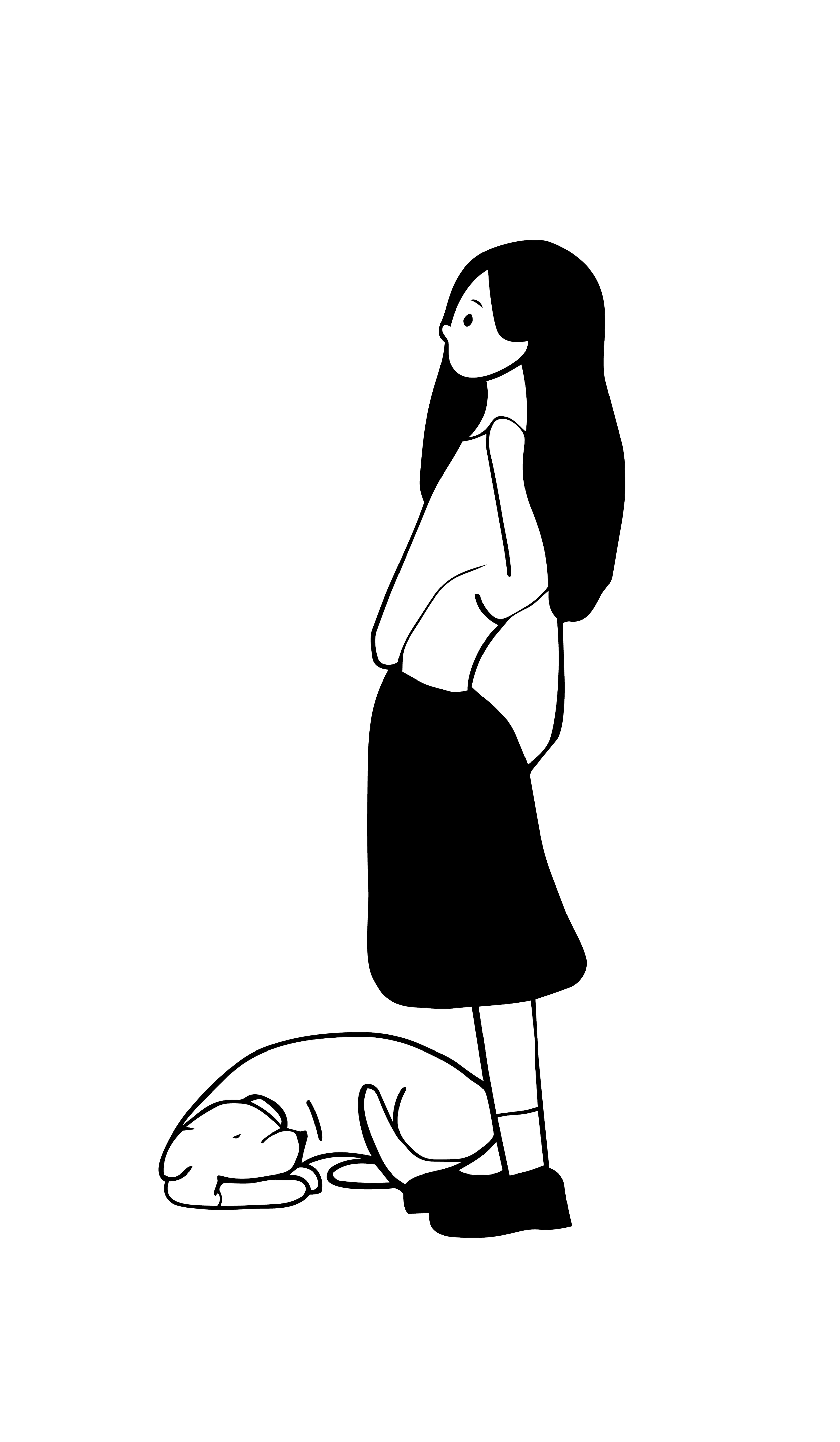 A girl with long hair, wearing a dress and shoes, standing next to a sleeping dog curled up on the floor.