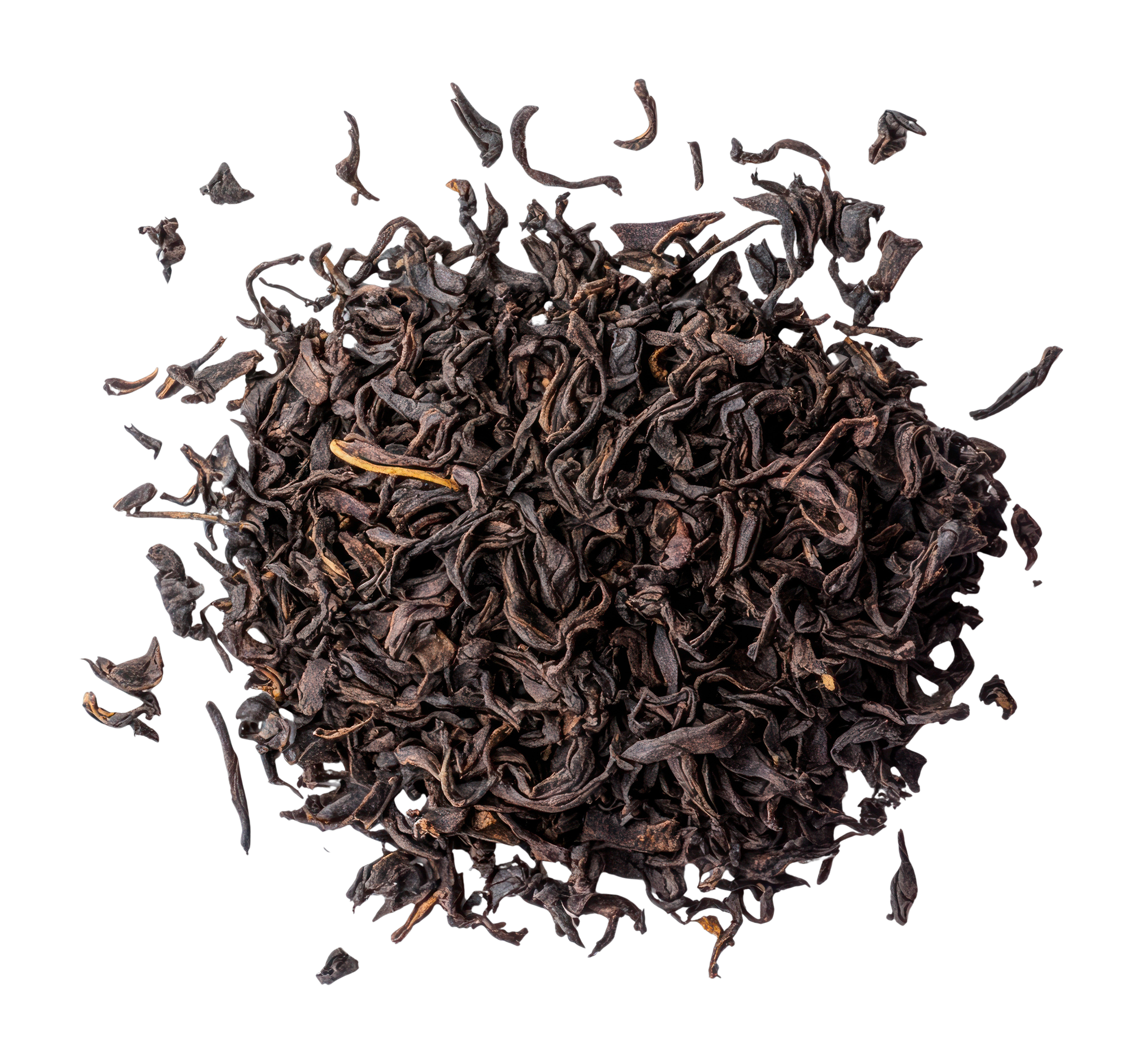 Close-up of a pile of dried, dark, wrinkled tea leaves on a black background.