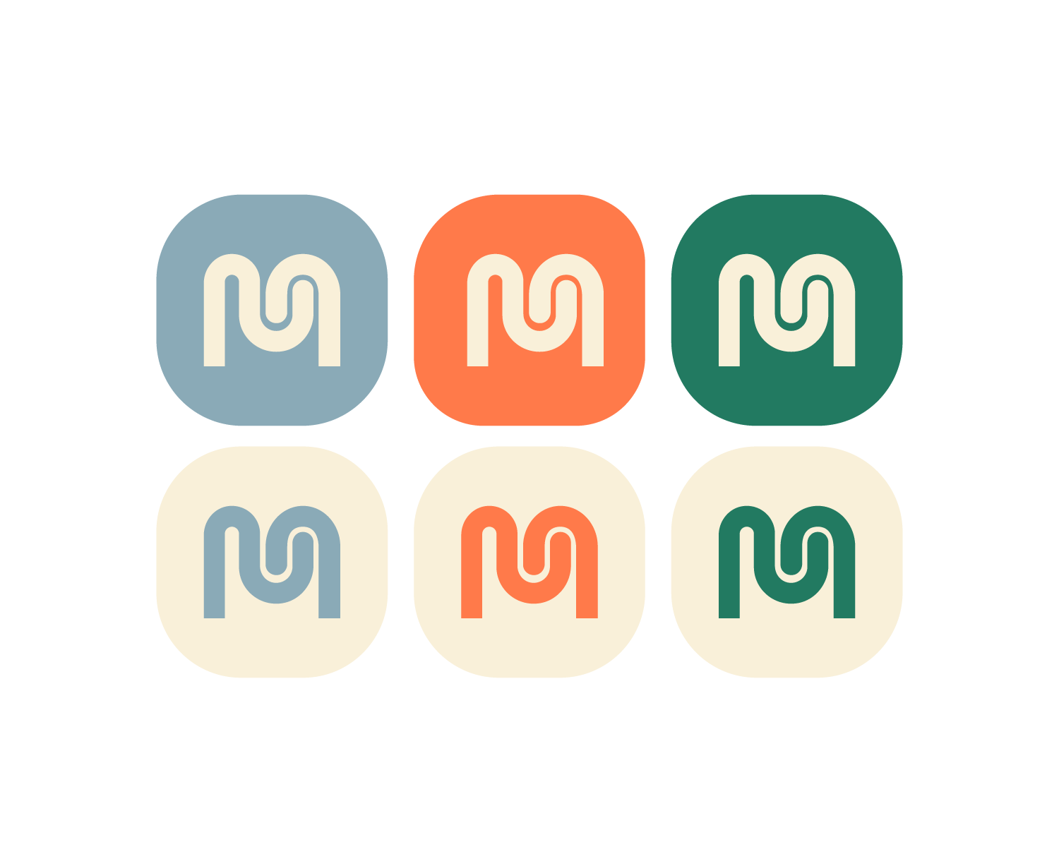 Six colorful square icons arranged in a 2x3 grid, each featuring a stylized white 'M' logo with a curved line design, on different background colors including blue, orange, green, and cream.