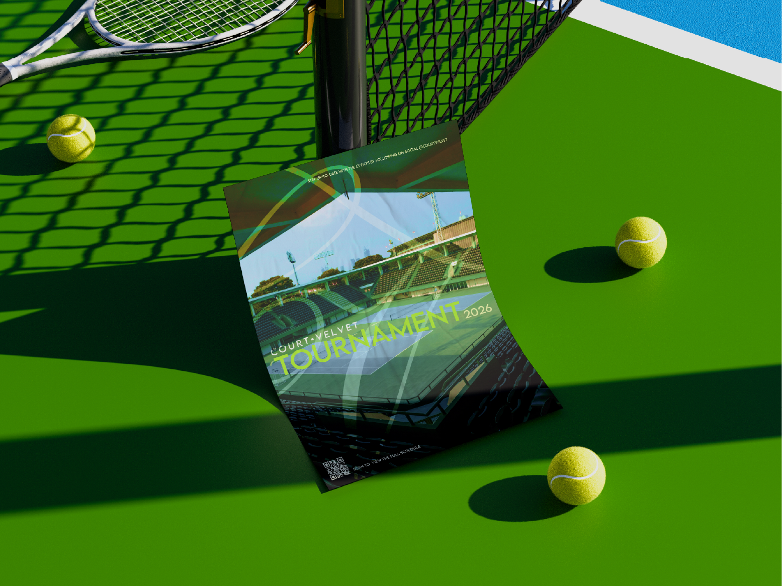 A tennis tournament flyer on a tennis court with two tennis balls and a shadow of a tennis net.