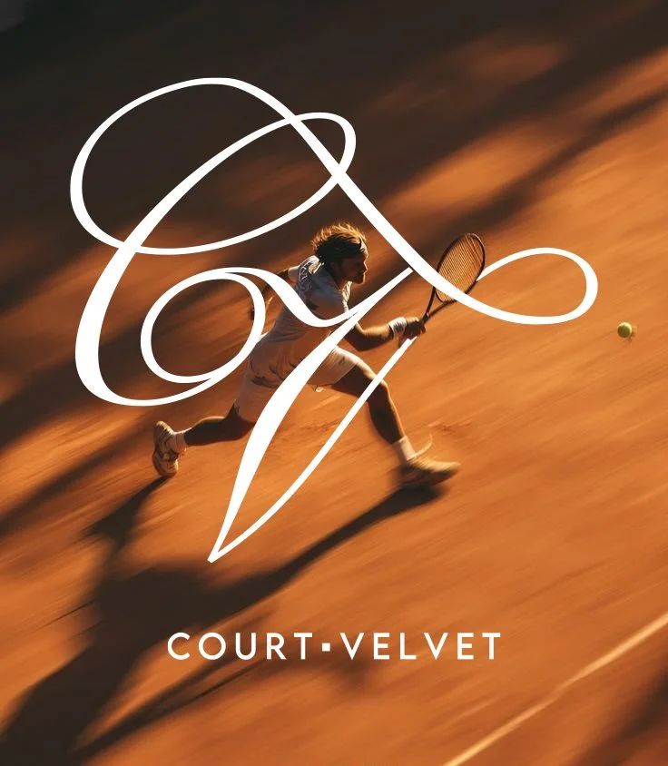 A female tennis player running on a clay court with a tennis ball ahead, during sunset or sunrise, with a decorative white letter 'T' overlay and the text 'Court Velvet' at the bottom.