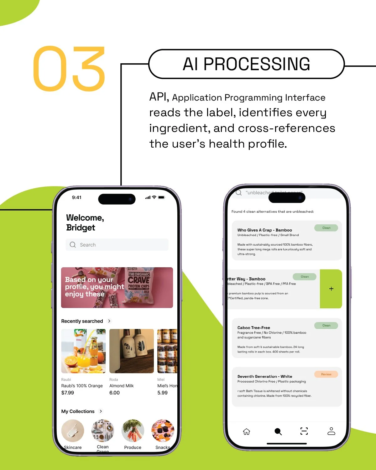A digital infographic explaining AI processing in health profile analysis, featuring two smartphone screens showing a grocery shopping app and a product comparison screen.