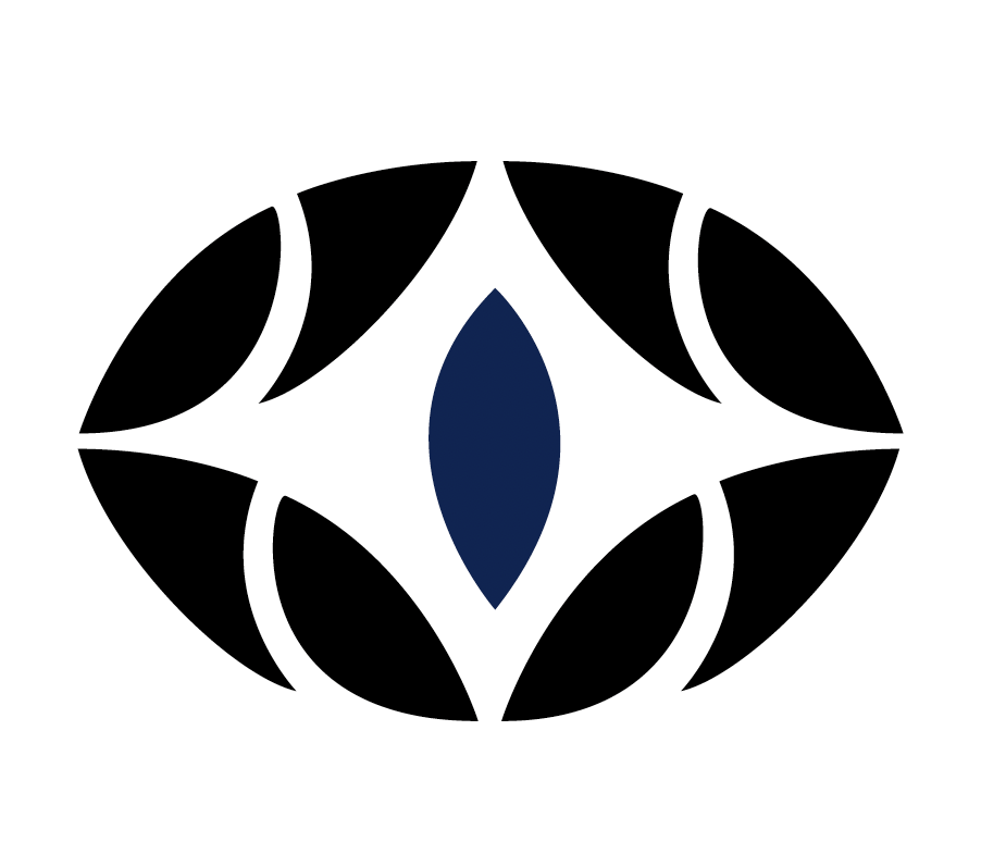 A symmetrical abstract logo with black and dark blue elements arranged in a circular pattern.