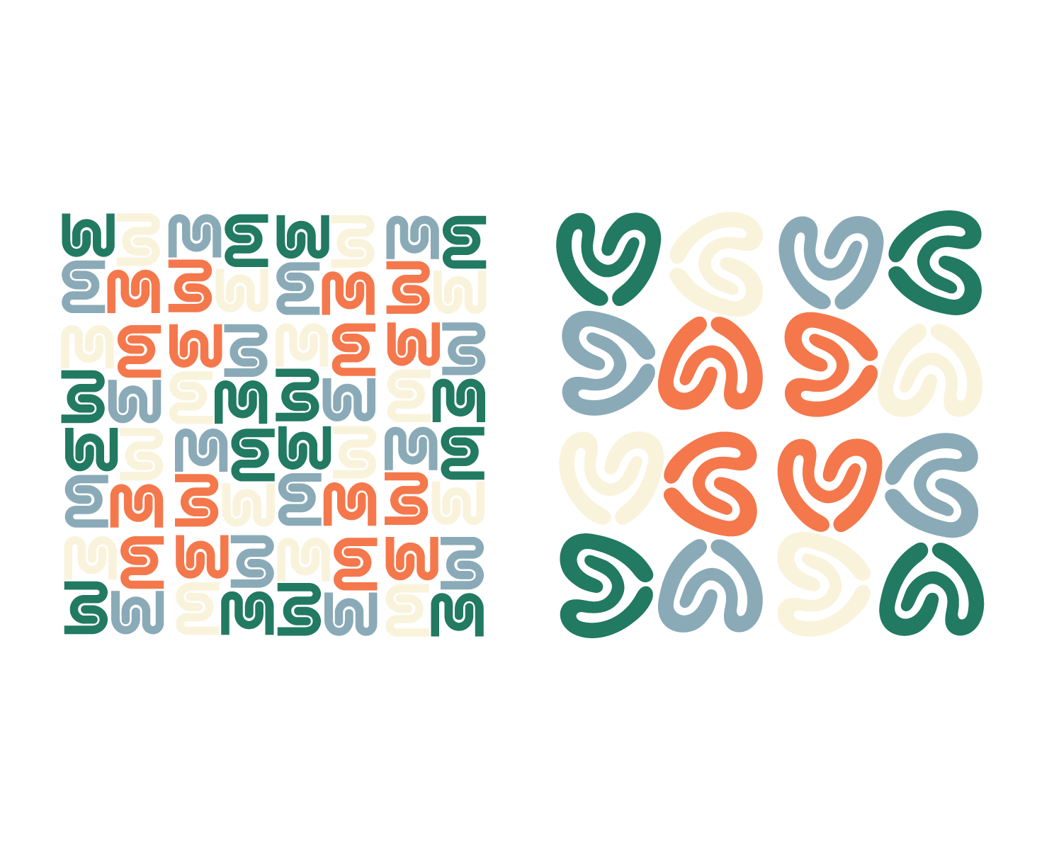 A colorful pattern of interconnected shapes resembling the letter 'M' in blue, white, and orange, arranged in a grid and a separate scattered arrangement on a white background.