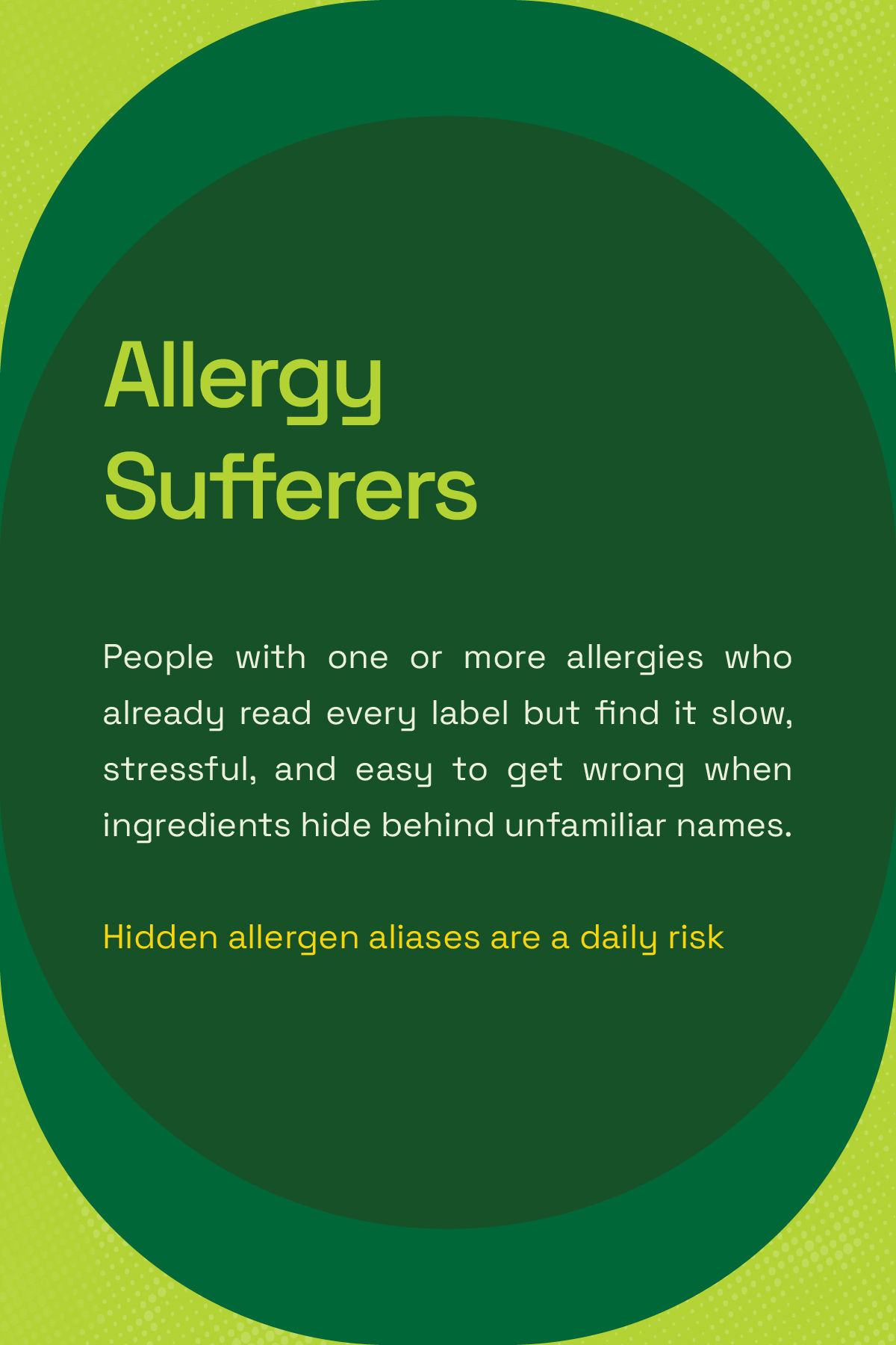 Design of a poster about allergy sufferers with green background, large green text reading "Allergy Sufferers," and smaller white and yellow text explaining allergies and hidden allergy aliases.