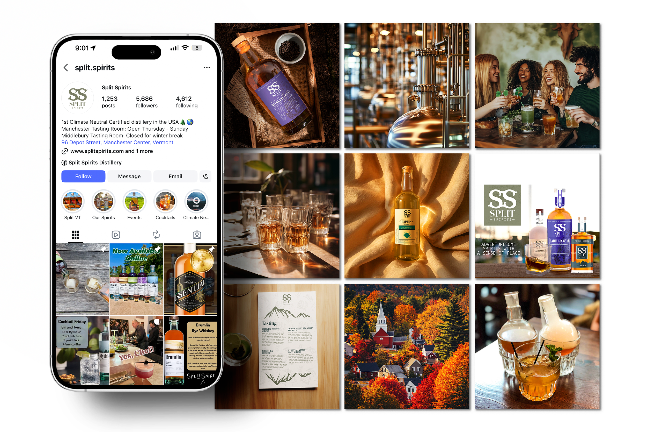 A collage of images including a smartphone displaying Split Spirits' social media profile, bottles of spirits, a group of friends enjoying cocktails, a distillery, And autumnal landscape
