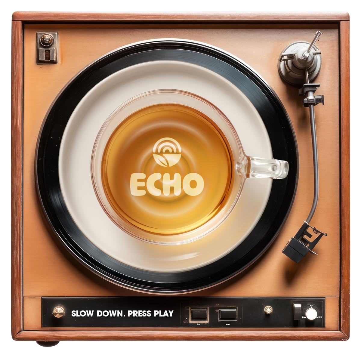 A turntable with a glass cup of tea or coffee on it, displaying the text 'ECHO' and a logo, with controls labeled 'SLOW DOWN. PRESS PLAY'.