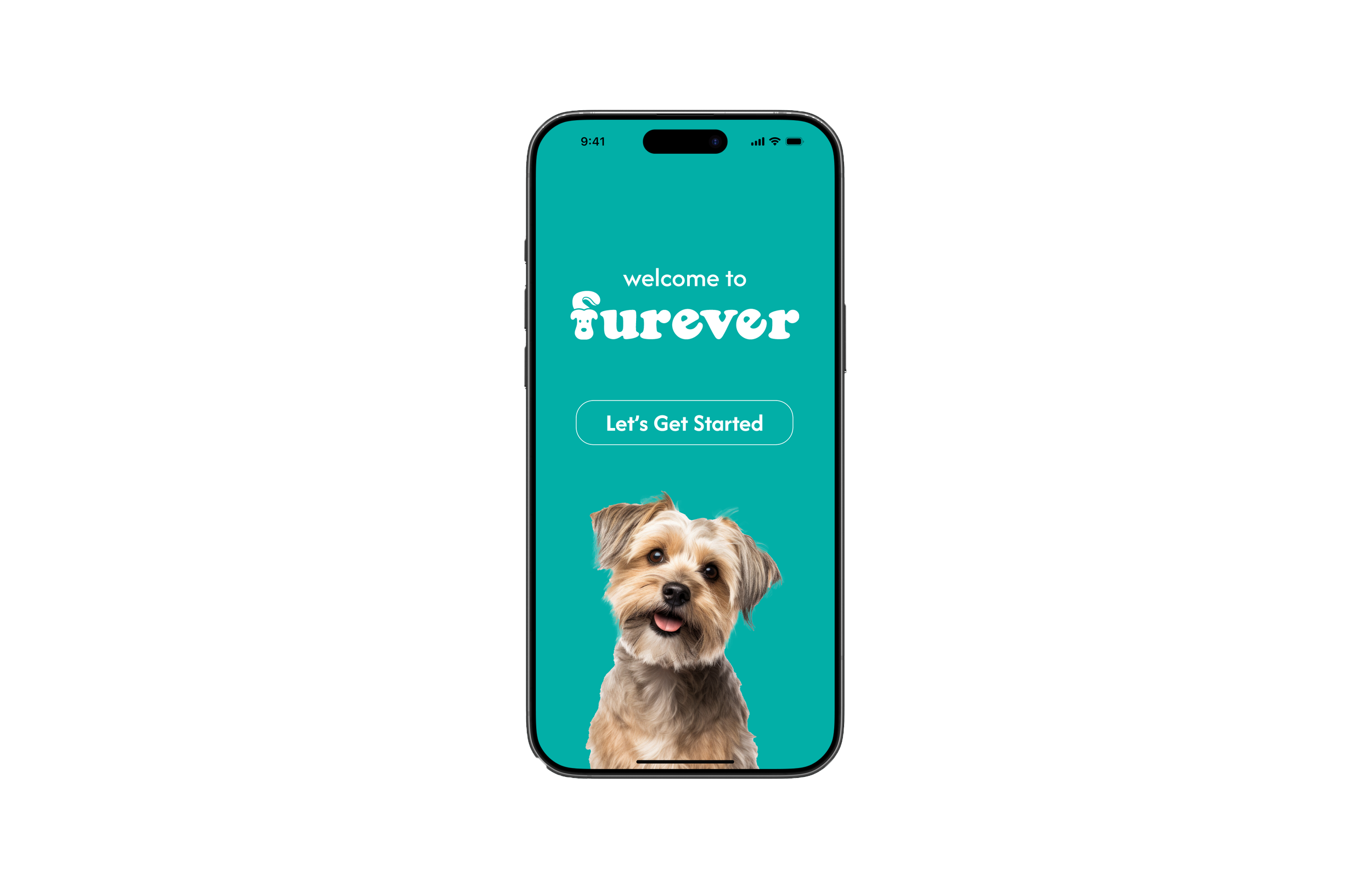 Smartphone displaying a pet service app with a picture of a cute dog and the text 'welcome to turever' and a 'Let's Get Started' button.