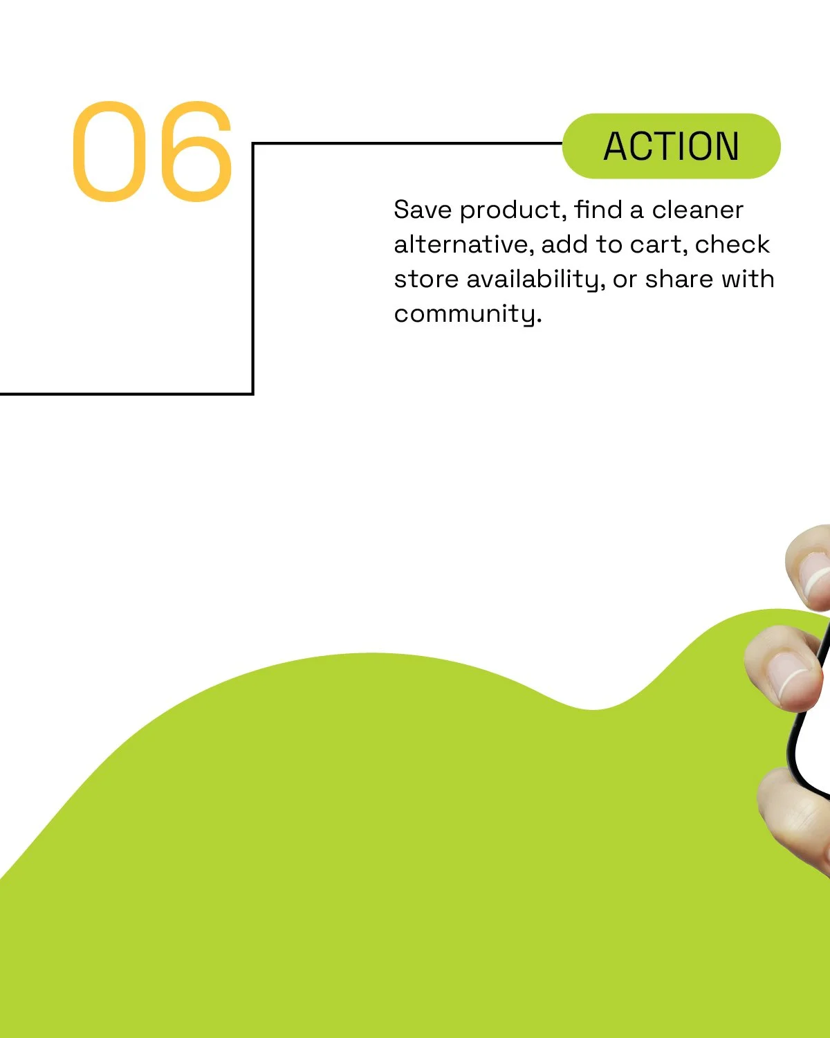 Infographic with the number 6 and a section labeled 'ACTION' with instructions to save a product, find a cleaner alternative, add to cart, check store availability, or share with community. The background includes green curved shapes and a partial im