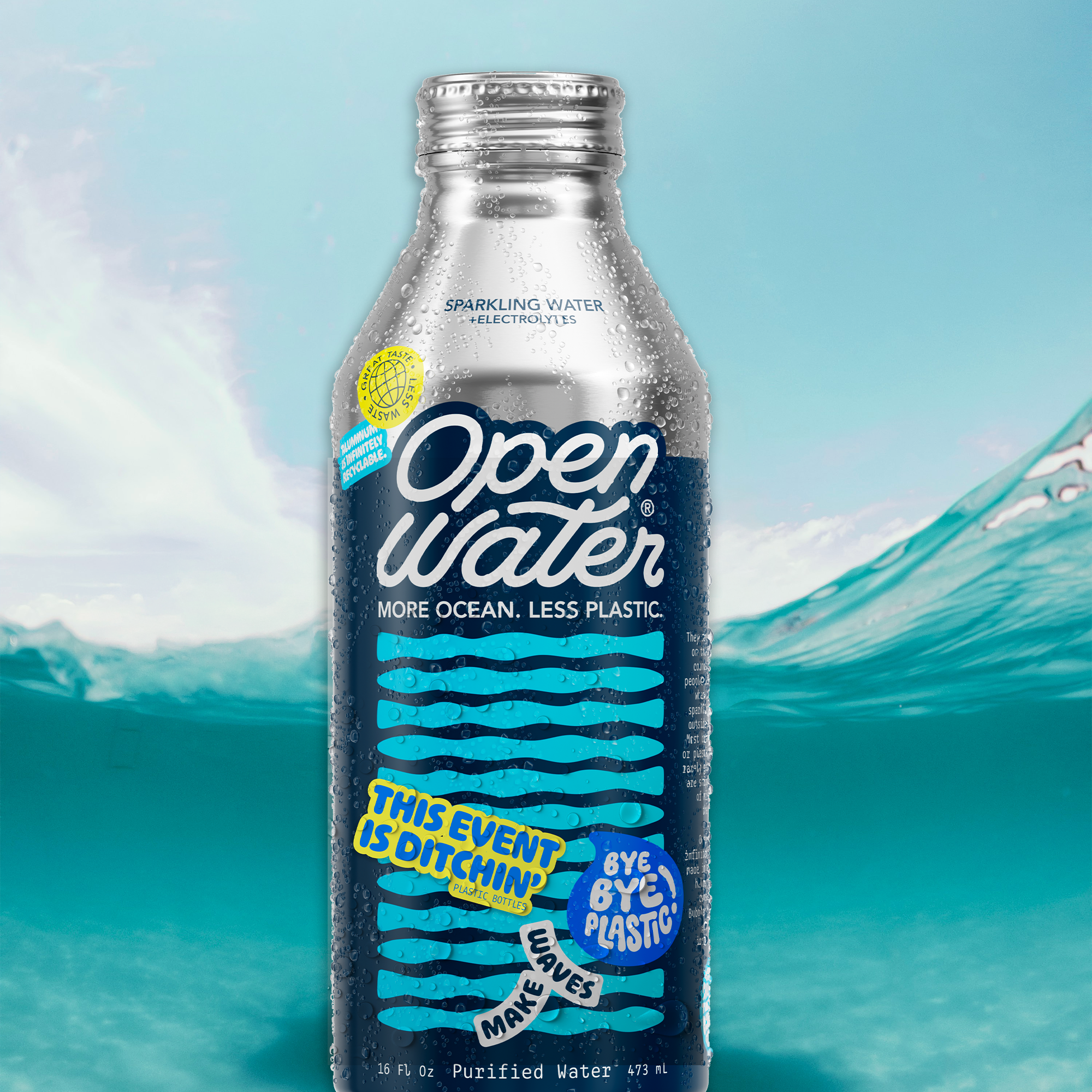 Close-up of a plastic bottle of sparkling water with droplets on the surface, set against a background of water and sky.