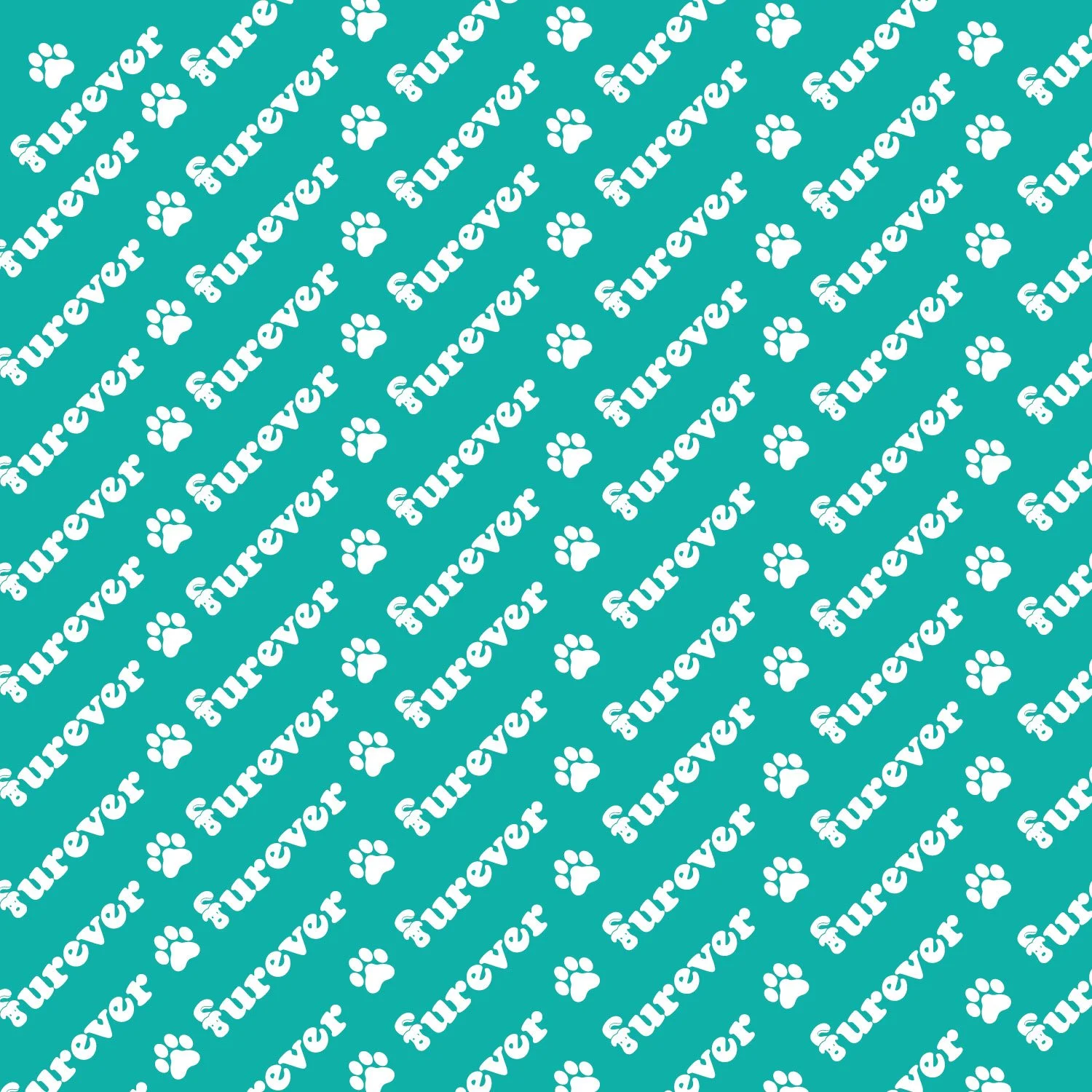 background with teal color featuring white paw print icons and the word 'furever' repeatedly in a diagonal pattern