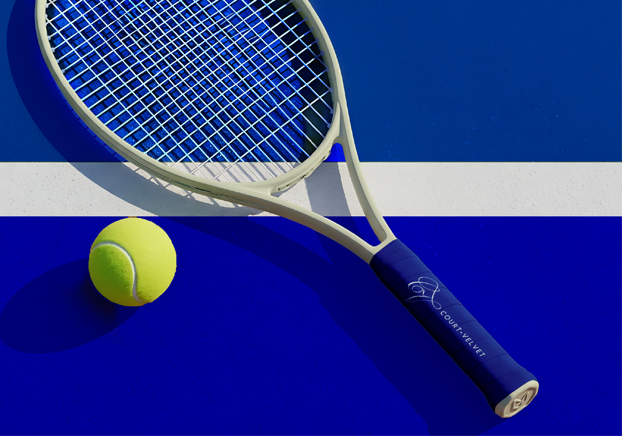 A tennis racket, a tennis ball, and a tennis court with a blue surface and a white line.
