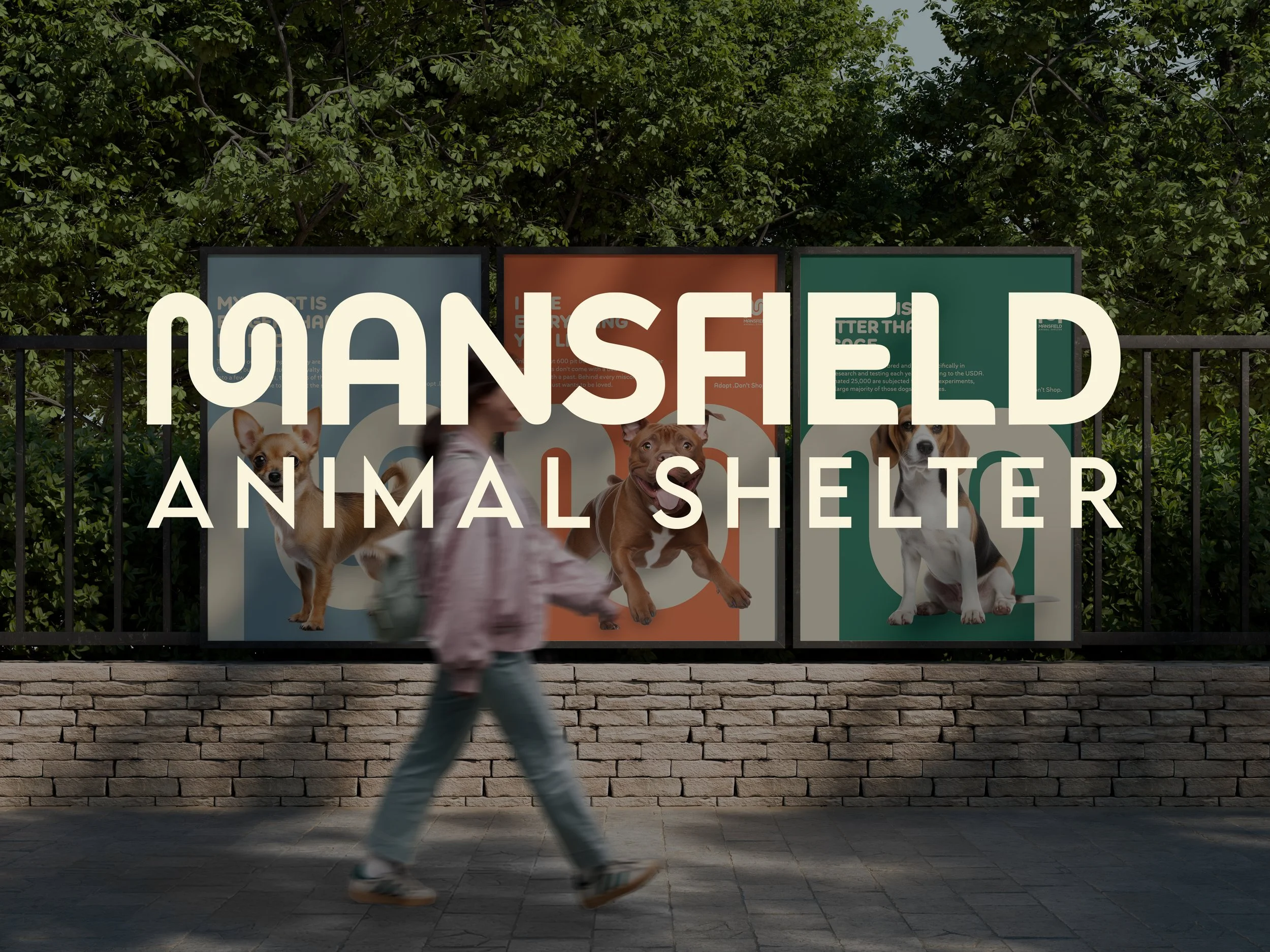 Poster for an animal shelter with images of dogs and information about adopting dogs, set against a background of green tree leaves.