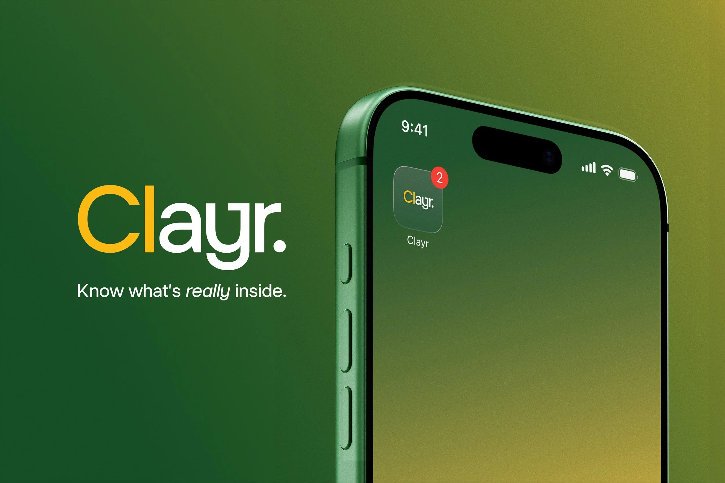 Close-up of a green smartphone displaying a notification from the Clayr app, an ingredient intelligence app.