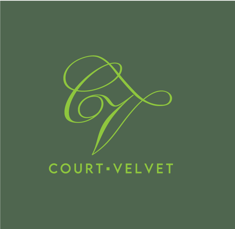 A stylized green floral design formed by a needle and thread, with the text 'COURT VELVET' underneath.