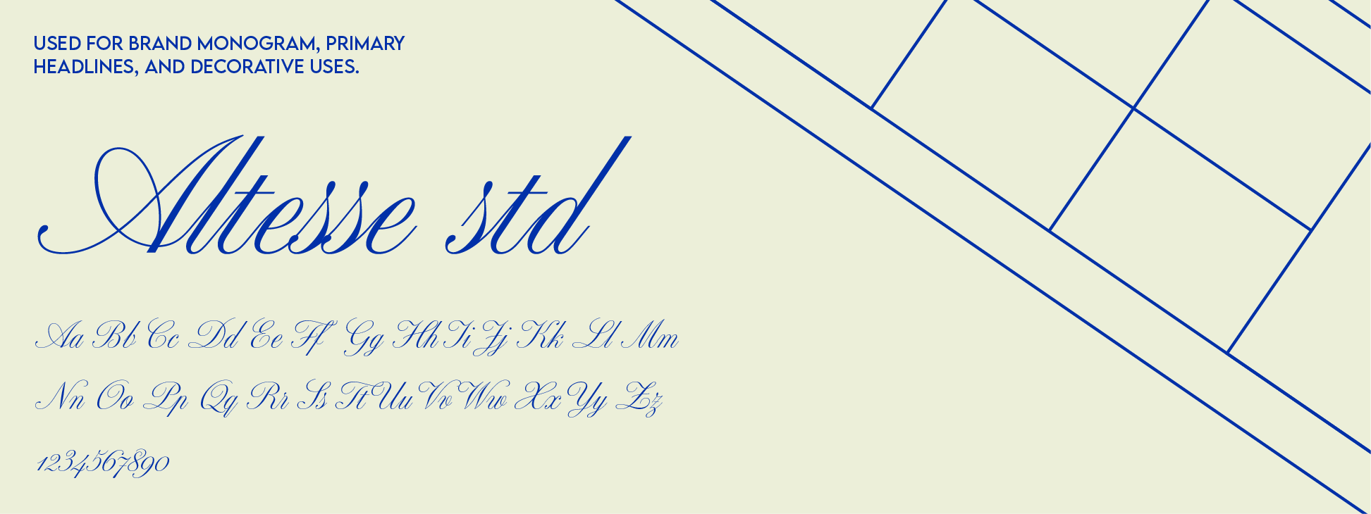 Image showing a font sample design, titled 'Altesse std,' used for brand monogram, headlines, and decorative use. The font is a cursive script style with select uppercase and lowercase letters and numerals displayed.