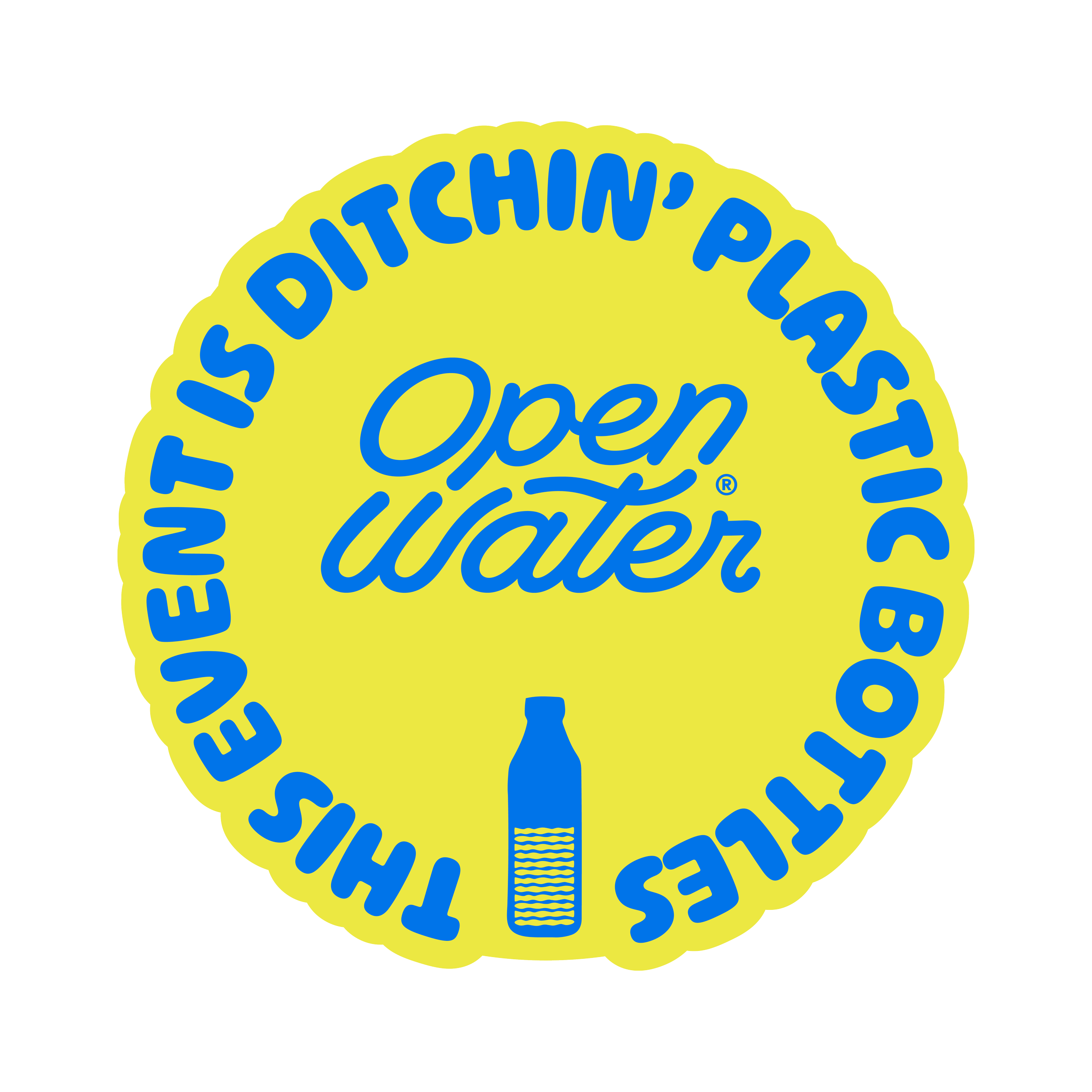 A yellow circular sign with blue text reading 'EATCHIN' and 'OPEN,' with a stylized image of a burger and a drink at the bottom.