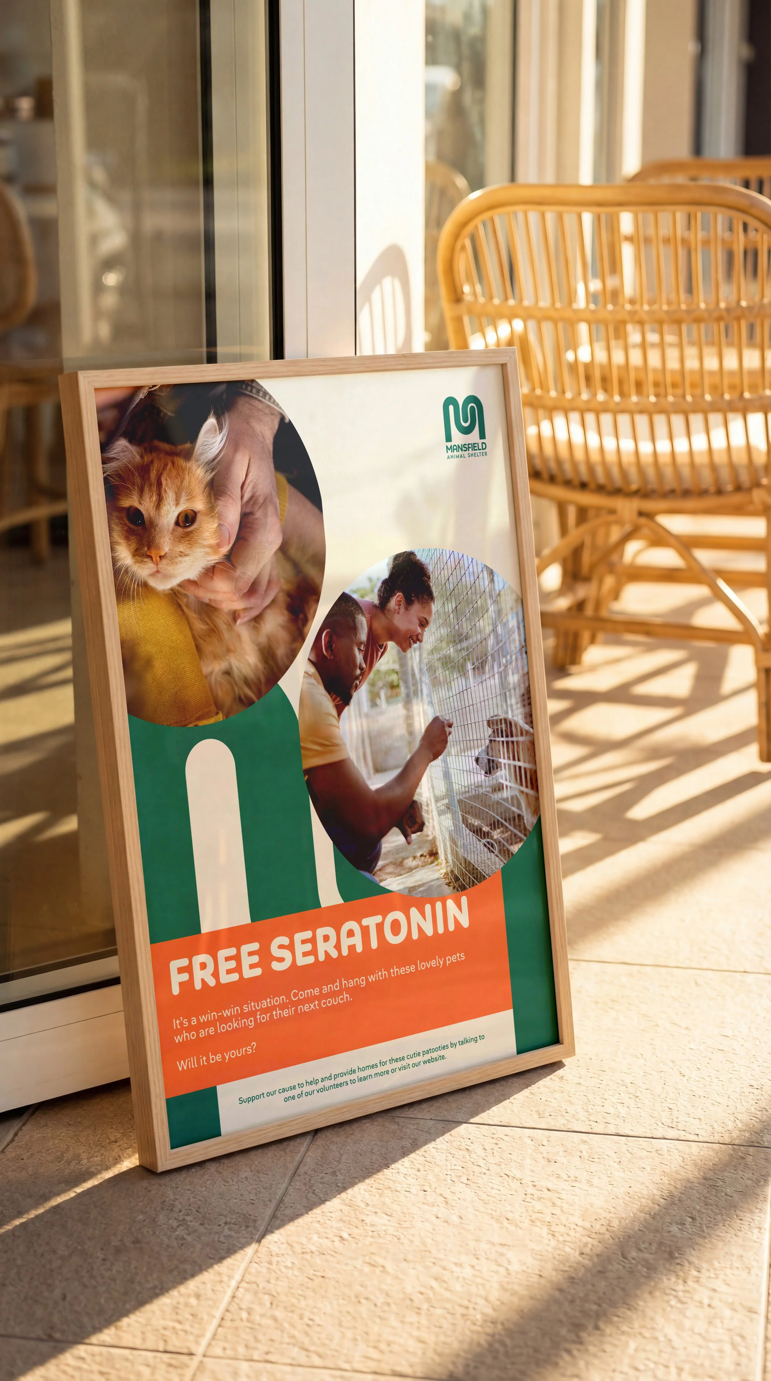 A colorful sign outside a building offering free seratonins with images of a cat and people at an animal shelter.