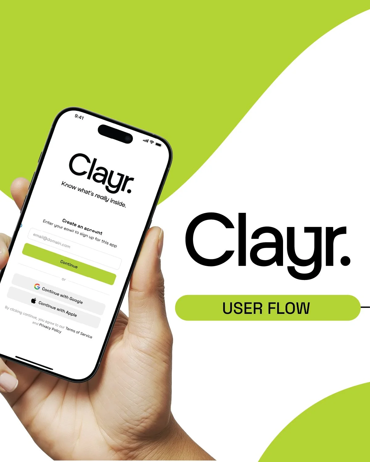 A hand holding a smartphone displaying an app login screen with the logo 'Clayn'. The background has a green and white design with the words 'Clayn.' and 'USER FLOW' on it.