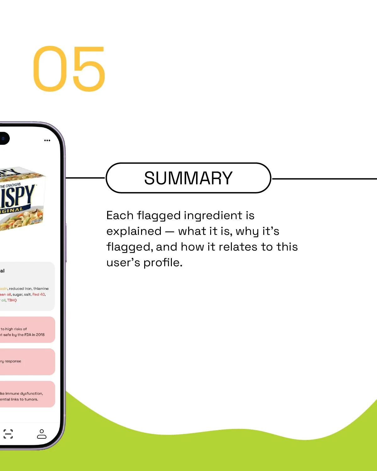 A digital slide presentation about a mobile app with a smartphone showing a food ingredient list and a section labeled 'SUMMARY' explaining flagged ingredients and their purpose.