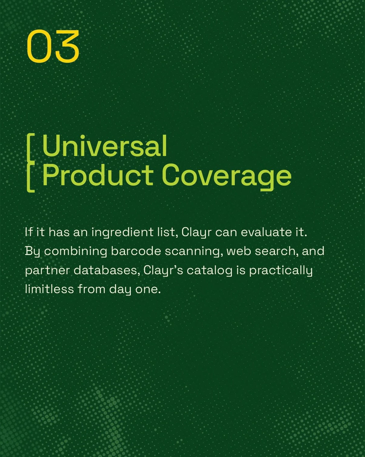 Green promotional background with yellow and white text about universal product coverage, mentioning barcode scanning, web search, and partner databases.