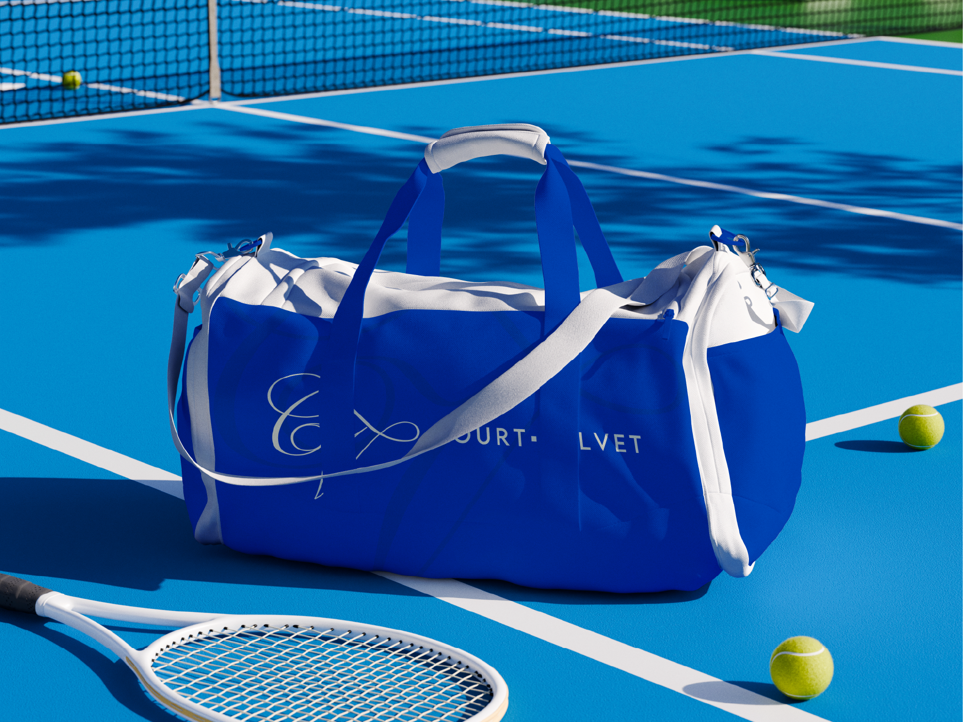 A blue tennis bag with white accents and the text "Court Velvet" on it, placed on a blue tennis court surrounded by tennis balls, tennis rackets, and a tennis net.