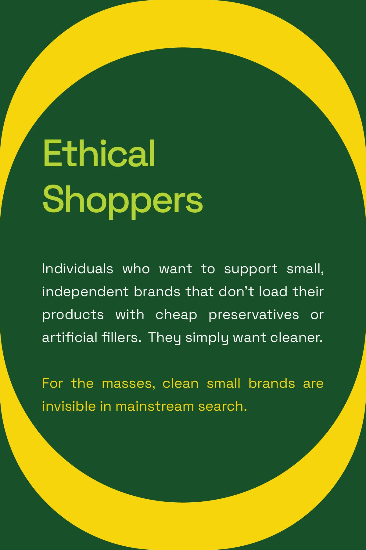 Design for Ethical Shoppers campaign with green background, yellow and dark green circular patterns, and text promoting support for small, independent brands that avoid artificial preservatives and fillers.