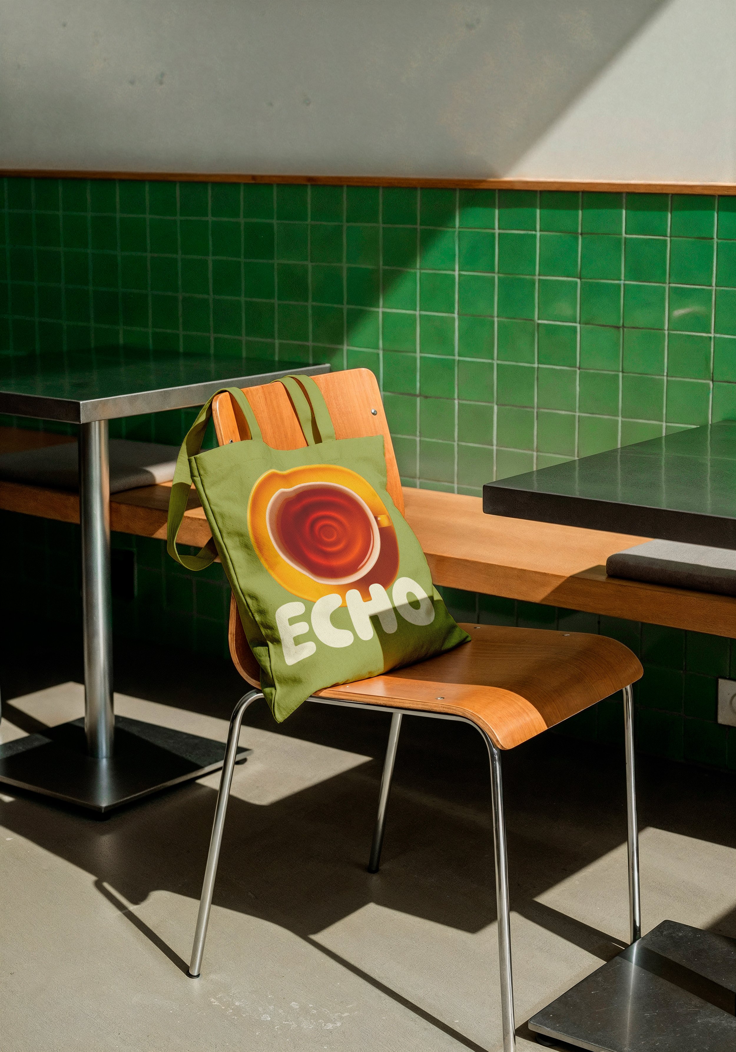 A wooden chair with metal legs and a green tote bag hanging on the backrest, positioned next to a black-topped table in front of a green tiled wall, with sunlight casting shadows on the floor.