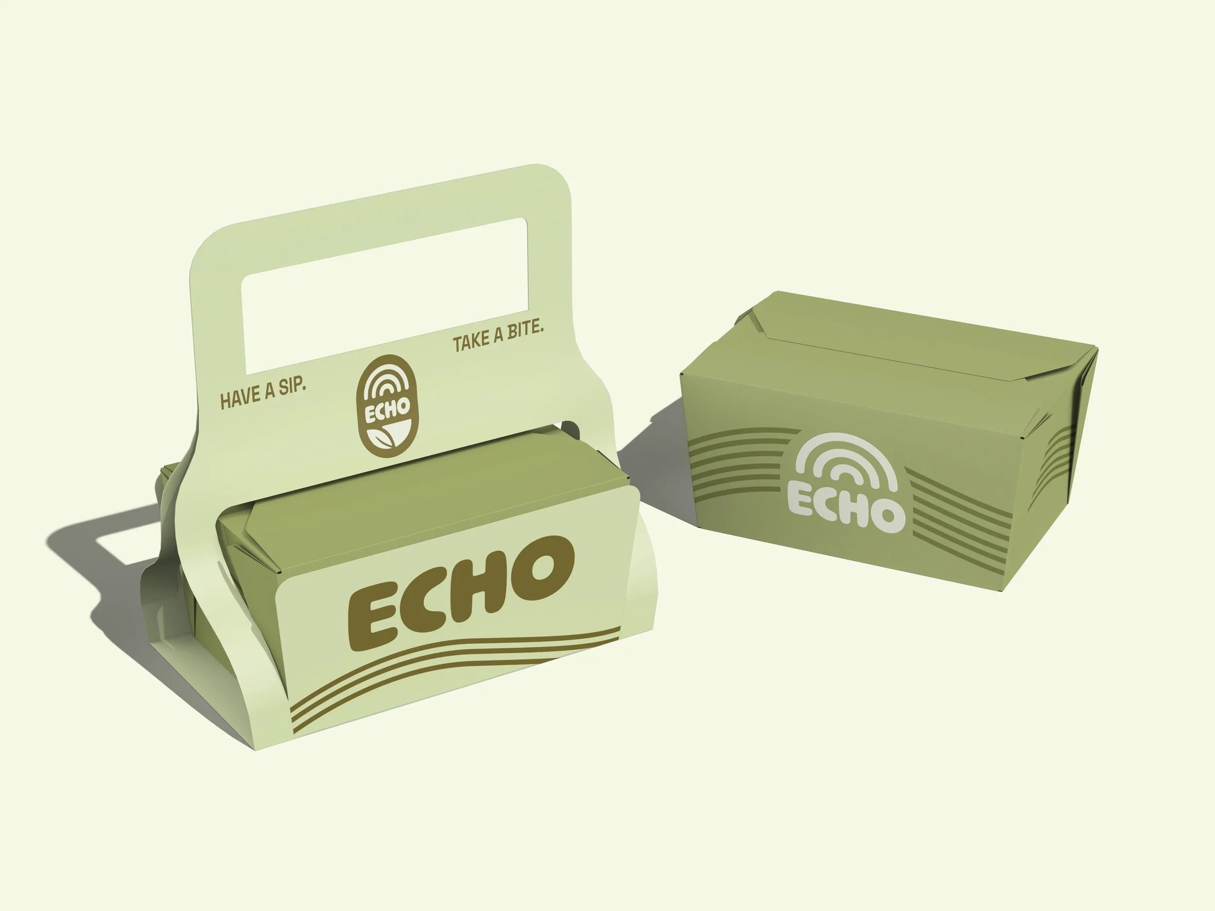 Two green cardboard takeout food boxes with the Echo logo, one open and one closed, against a white background.